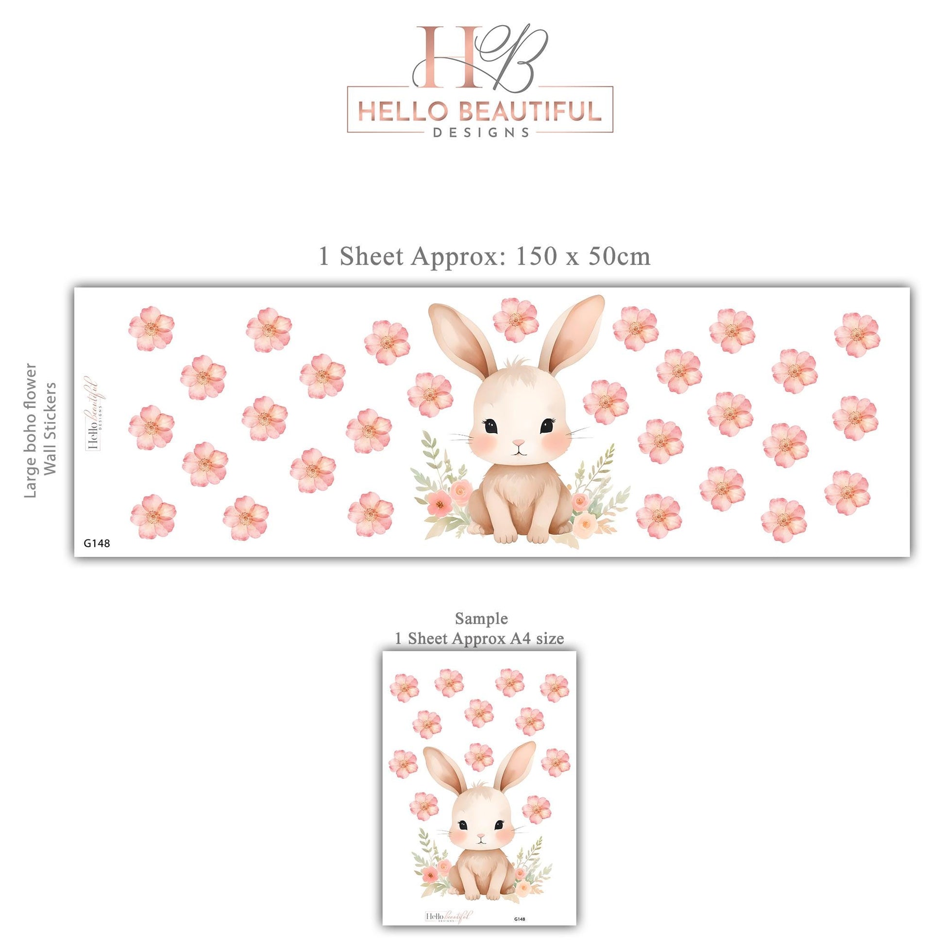 Pink Bunny Wall Stickers, Watercolor Floral Nursery Decor, Baby Girl Bedroom Wall Decals, Peel and Stick Bunny Flower Wall Art