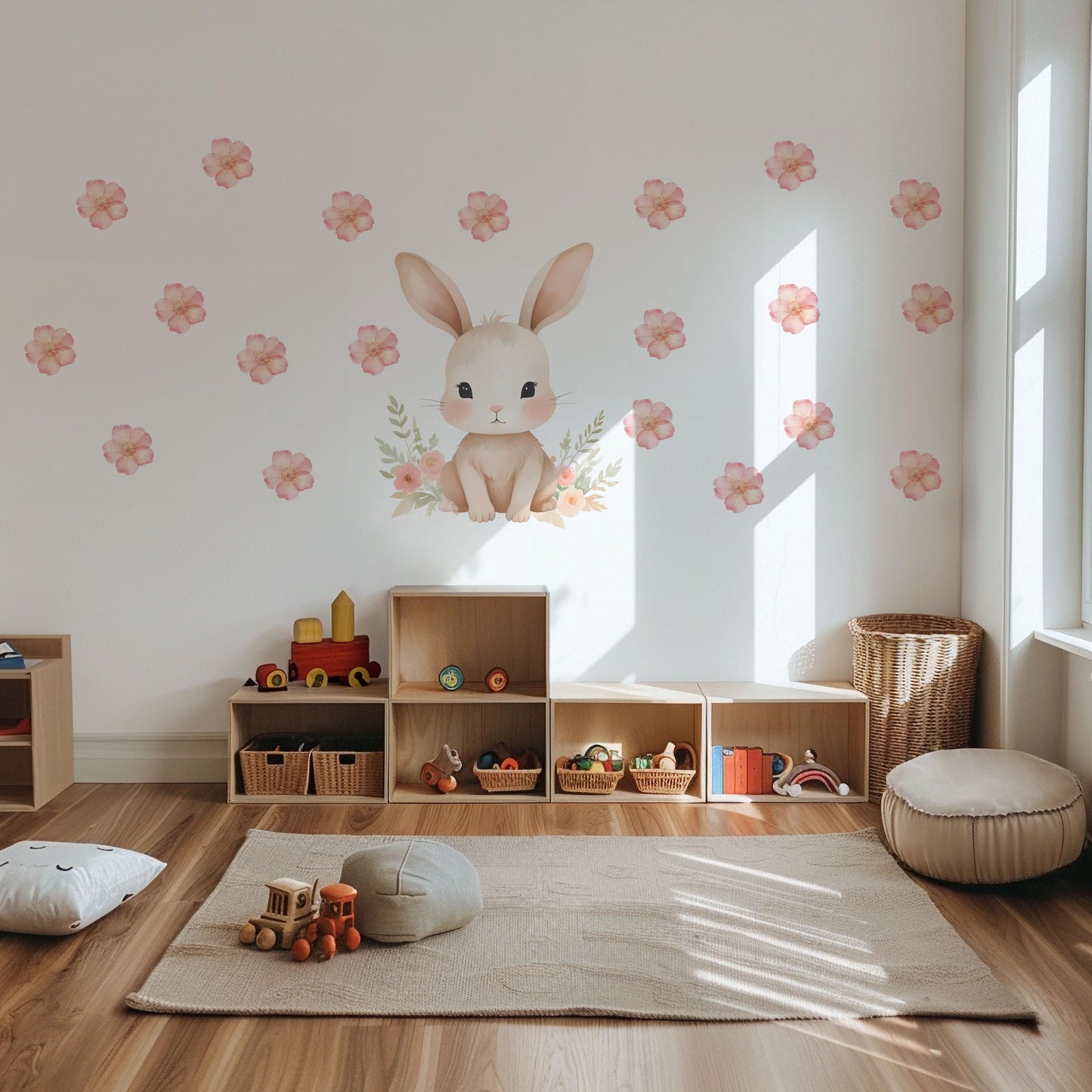 Pink Bunny Wall Stickers, Watercolor Floral Nursery Decor, Baby Girl Bedroom Wall Decals, Peel and Stick Bunny Flower Wall Art