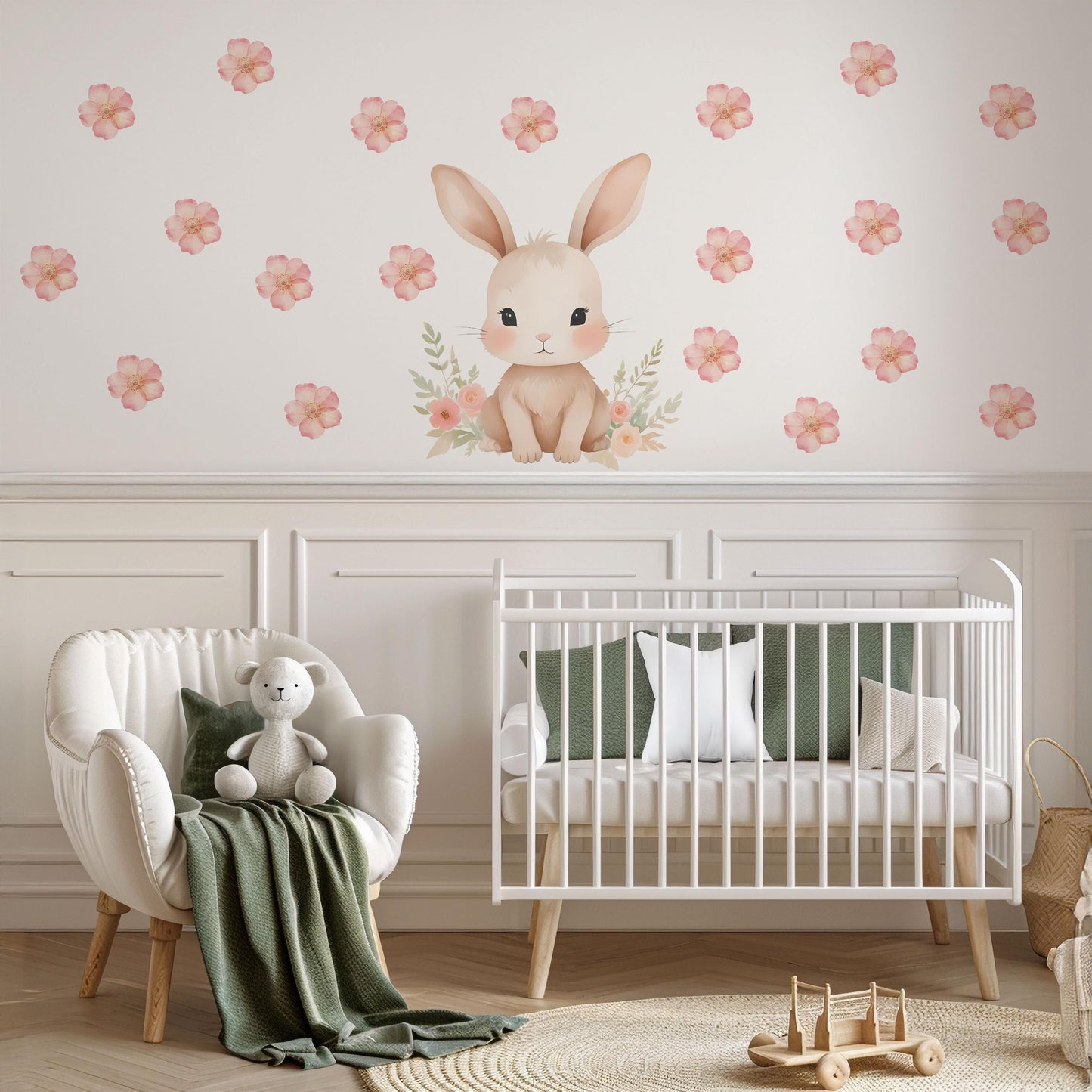 Pink Bunny Wall Stickers, Watercolor Floral Nursery Decor, Baby Girl Bedroom Wall Decals, Peel and Stick Bunny Flower Wall Art