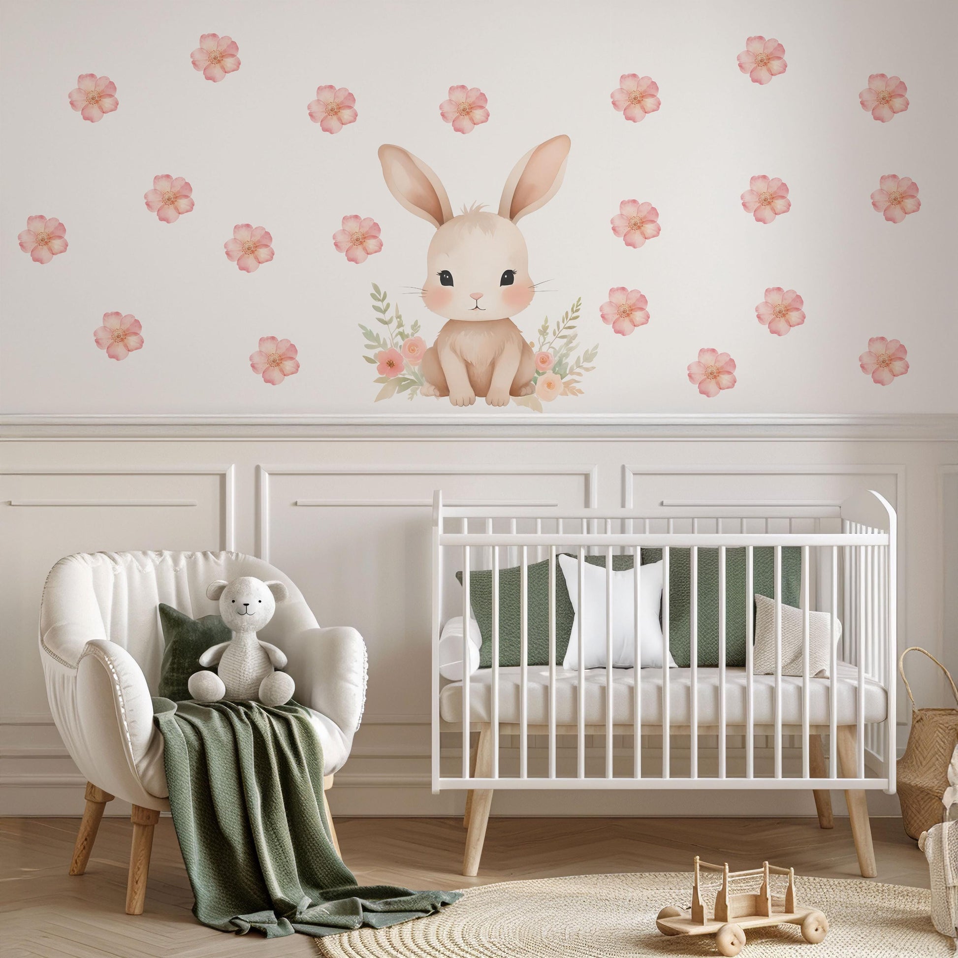 Pink Bunny Wall Stickers, Watercolor Floral Nursery Decor, Baby Girl Bedroom Wall Decals, Peel and Stick Bunny Flower Wall Art