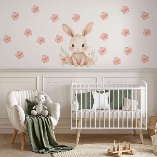 Pink Bunny Wall Stickers, Watercolor Floral Nursery Decor, Baby Girl Bedroom Wall Decals, Peel and Stick Bunny Flower Wall Art