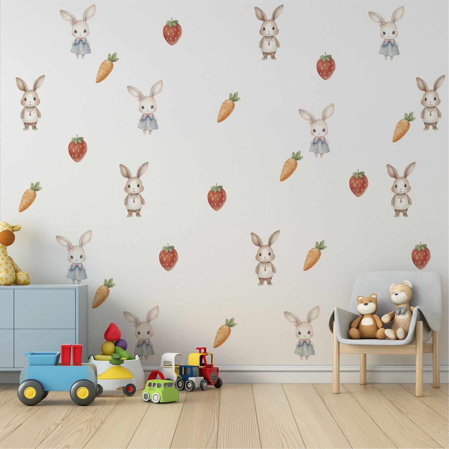 Storybook Bunny Wall Stickers, Strawberry & Carrot Nursery Decor, Baby Girl Bedroom Wall Decals, Peel and Stick Woodland Art
