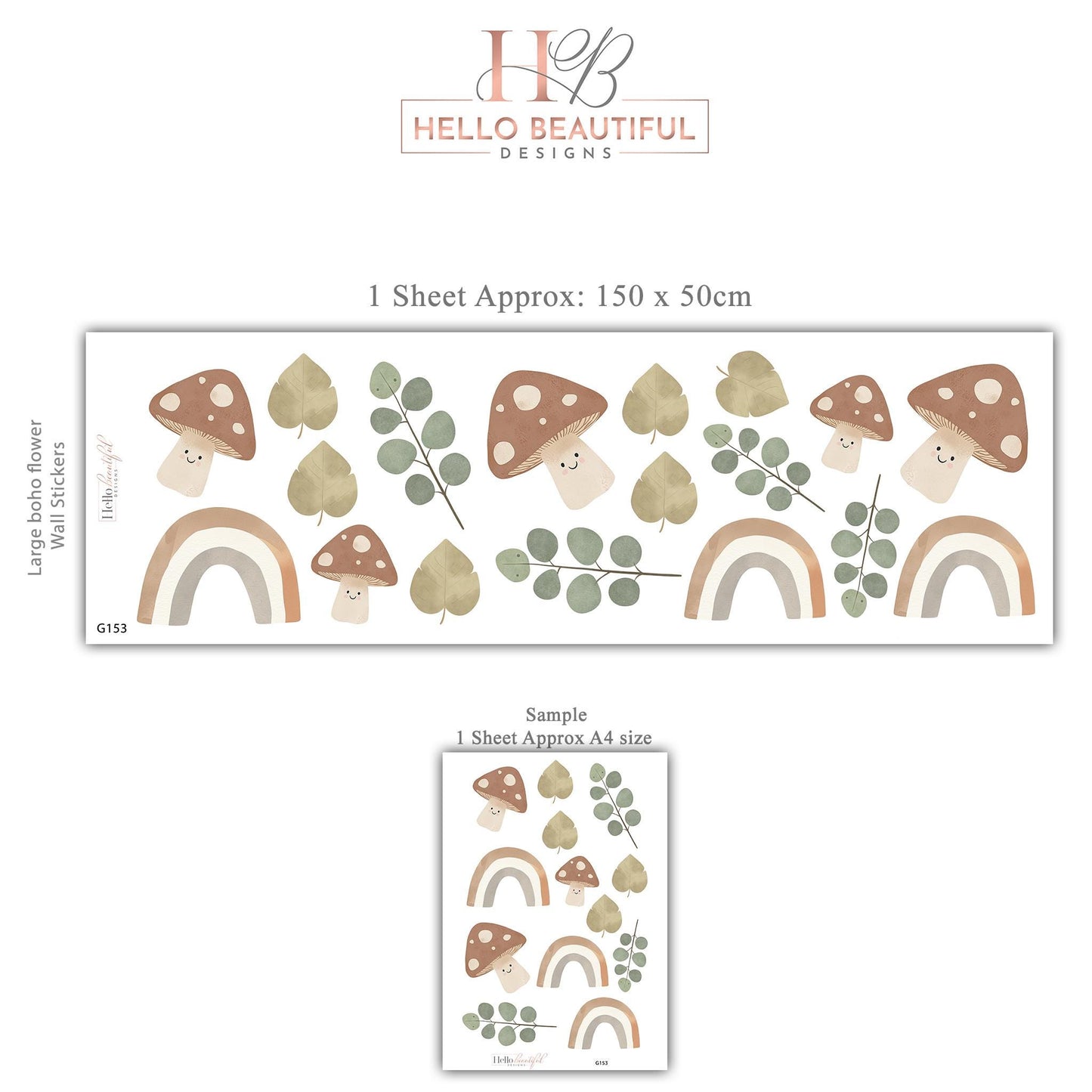 Cute Mushroom Wall Stickers, Boho Rainbow Nursery Decor, Eucalyptus Leaf Wall Decals, Peel and Stick Neutral Nursery Art