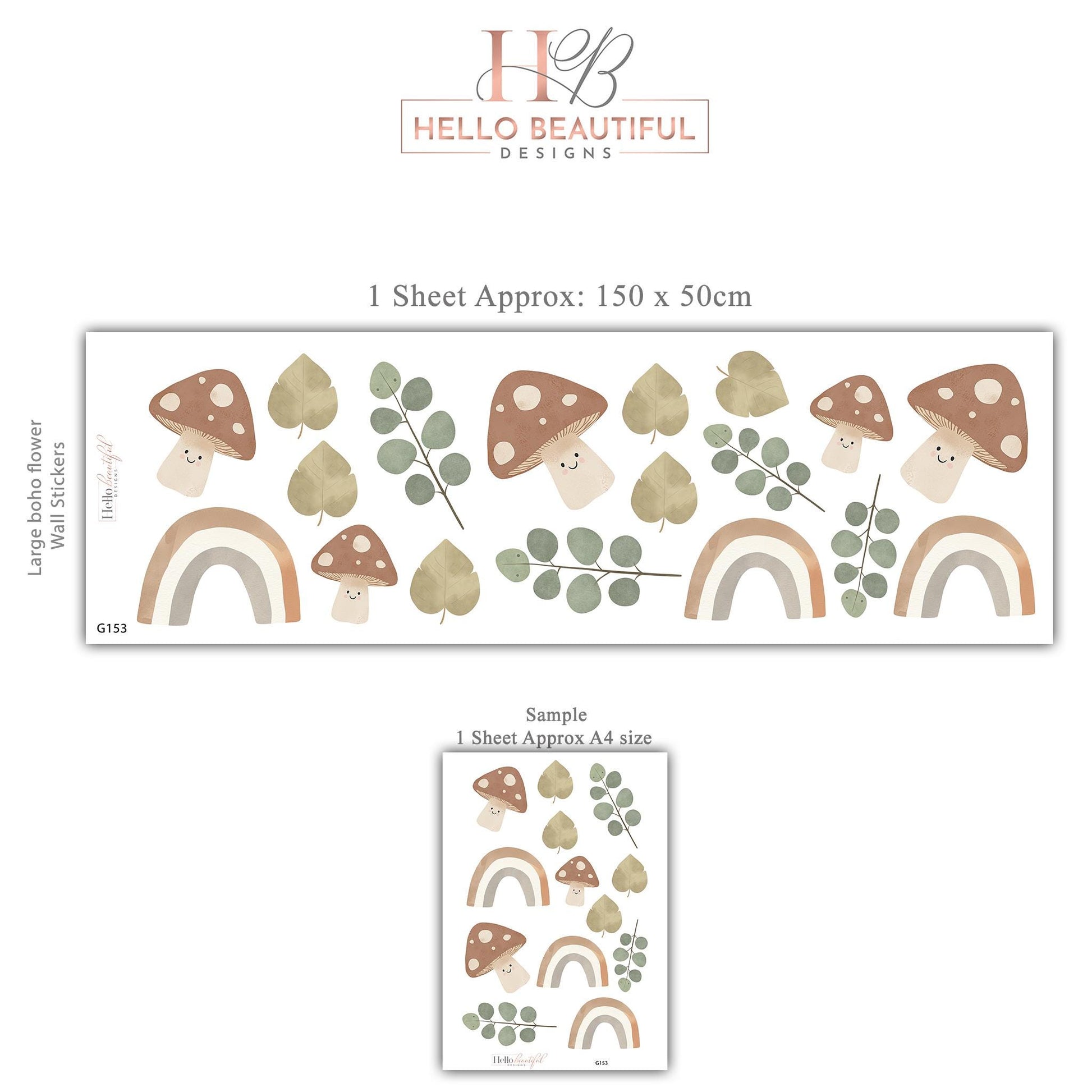 Cute Mushroom Wall Stickers, Boho Rainbow Nursery Decor, Eucalyptus Leaf Wall Decals, Peel and Stick Neutral Nursery Art