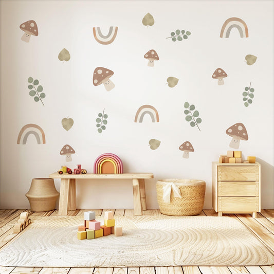 Cute Mushroom Wall Stickers, Boho Rainbow Nursery Decor, Eucalyptus Leaf Wall Decals, Peel and Stick Neutral Nursery Art