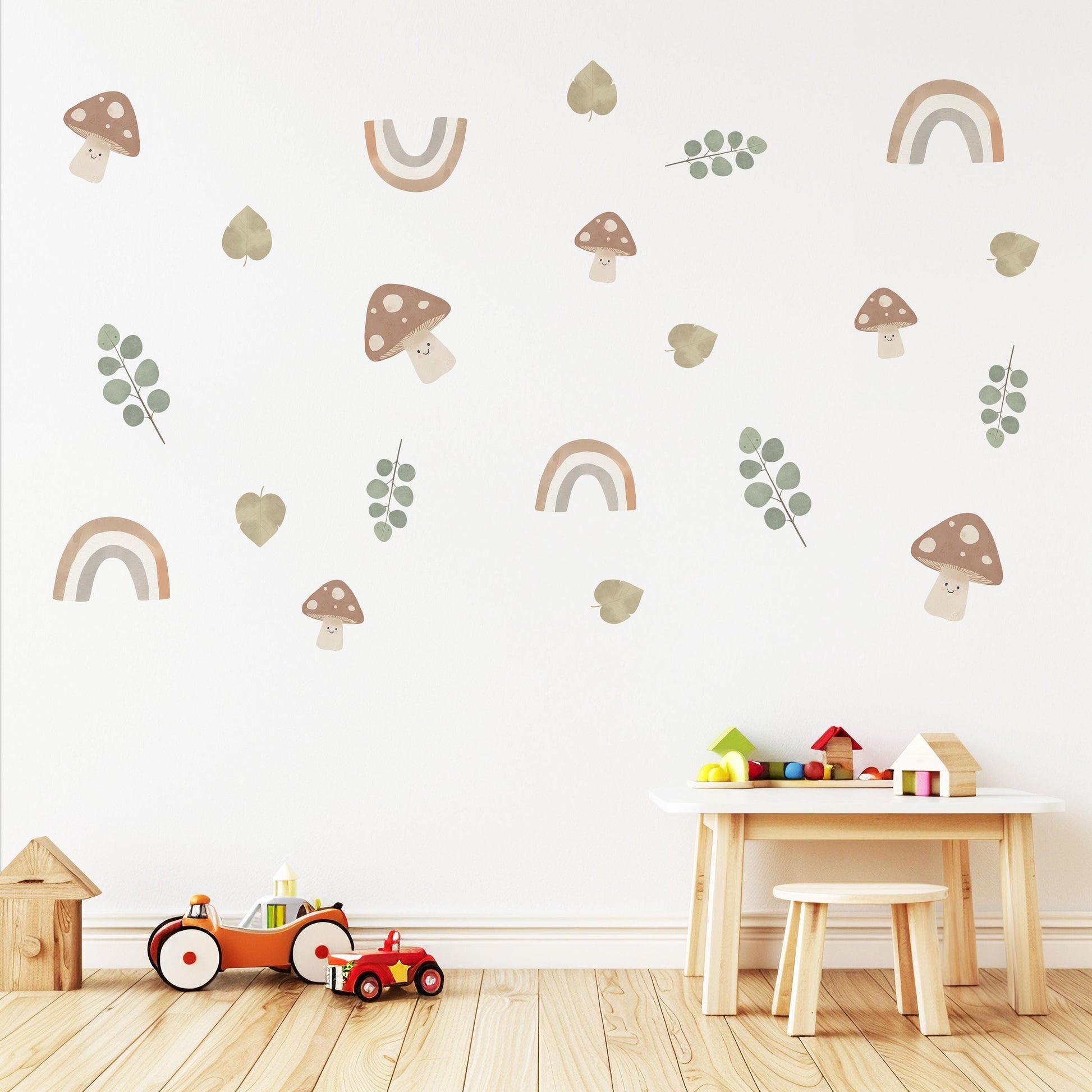 Cute Mushroom Wall Stickers, Boho Rainbow Nursery Decor, Eucalyptus Leaf Wall Decals, Peel and Stick Neutral Nursery Art