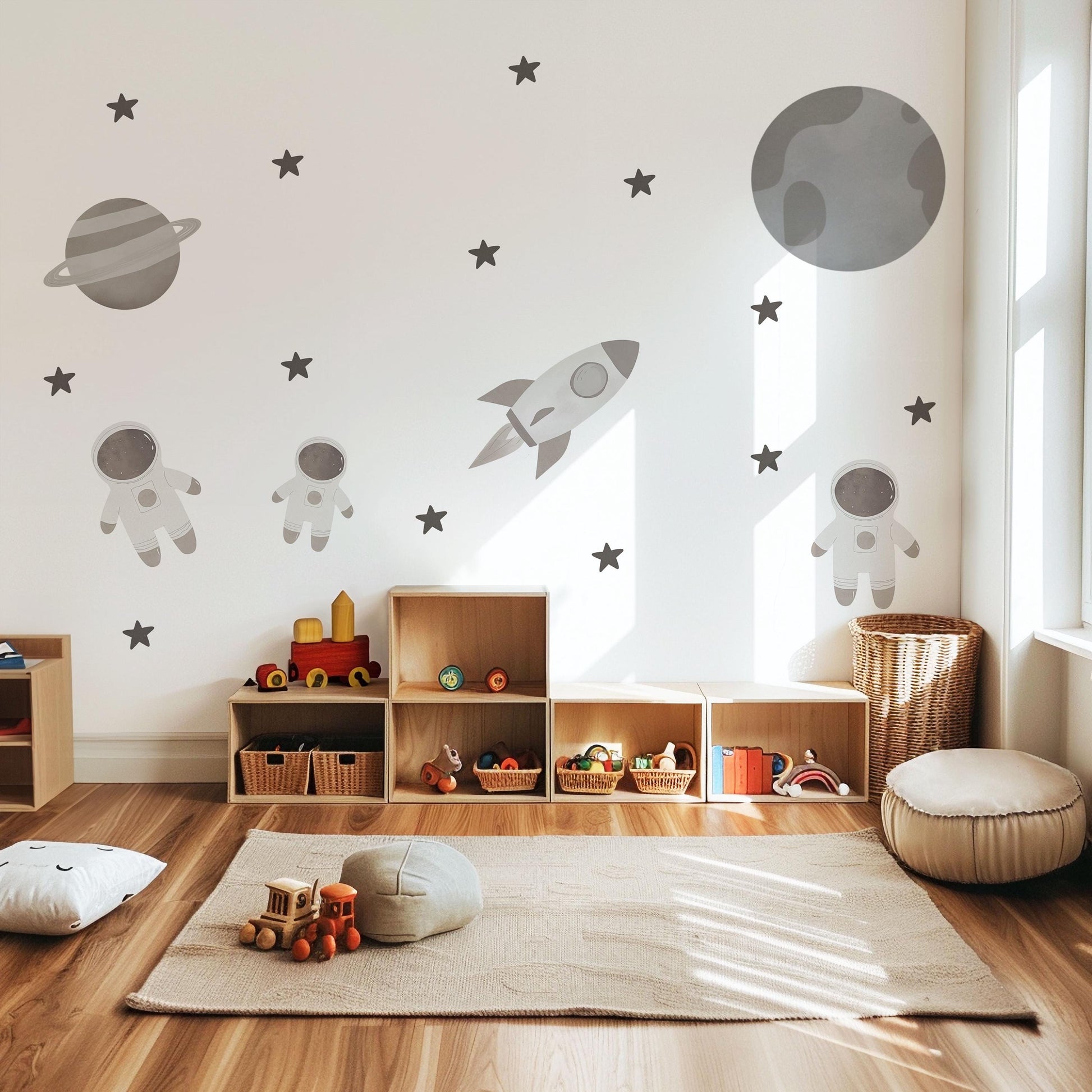 Astronaut Wall Stickers, Neutral Space Nursery Decor, Rocket & Planet Wall Decals, Peel and Stick Boy Nursery Wall Art