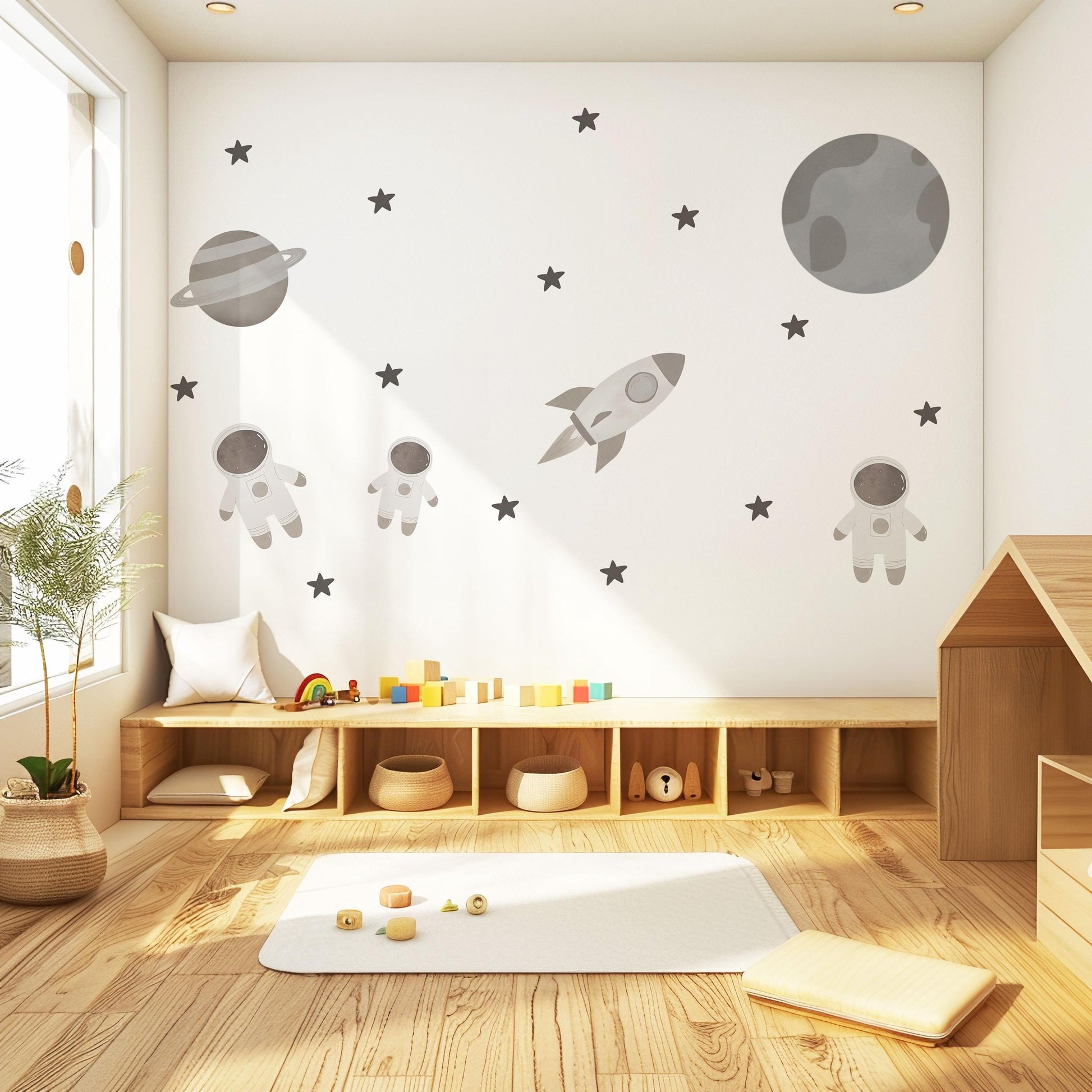 Astronaut Wall Stickers, Neutral Space Nursery Decor, Rocket & Planet Wall Decals, Peel and Stick Boy Nursery Wall Art