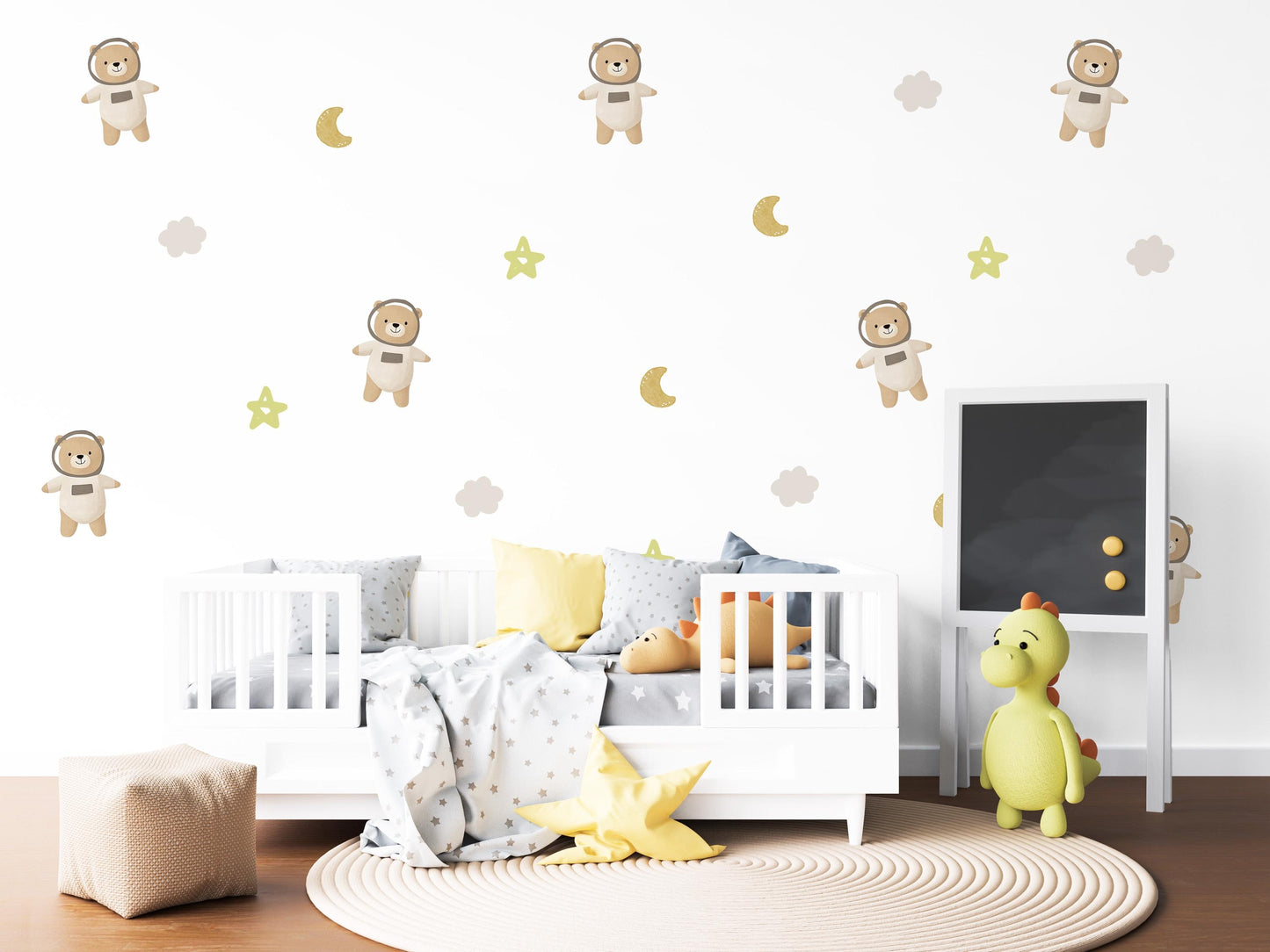 Teddy Bear Astronaut Wall Stickers, Sleepy Bear Nursery Decor, Moon and Stars Wall Decals, Peel and Stick Neutral Kids Room Art