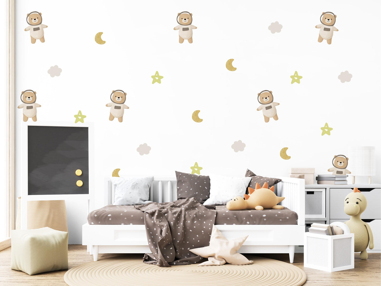 Teddy Bear Astronaut Wall Stickers, Sleepy Bear Nursery Decor, Moon and Stars Wall Decals, Peel and Stick Neutral Kids Room Art