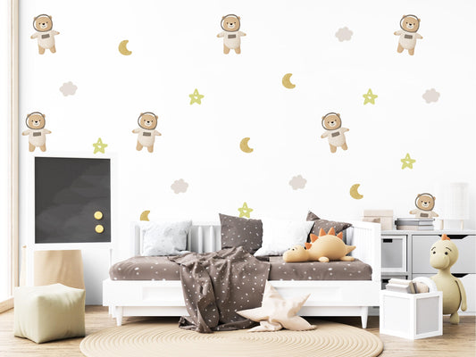 Teddy Bear Astronaut Wall Stickers, Sleepy Bear Nursery Decor, Moon and Stars Wall Decals, Peel and Stick Neutral Kids Room Art