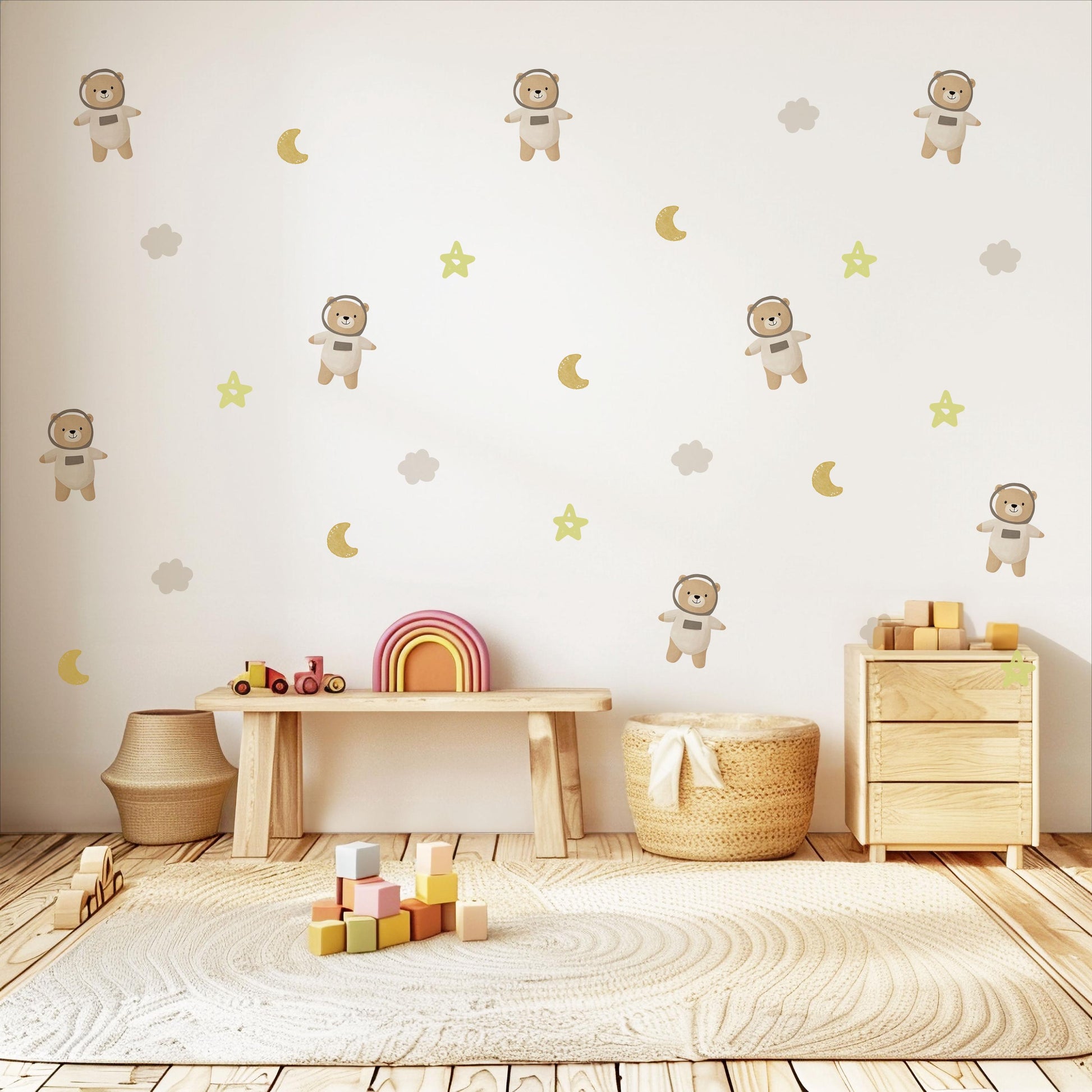 Teddy Bear Astronaut Wall Stickers, Sleepy Bear Nursery Decor, Moon and Stars Wall Decals, Peel and Stick Neutral Kids Room Art