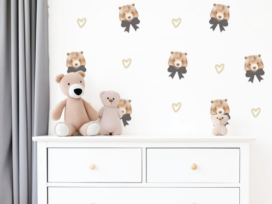 Bear Bow Wall Stickers, Teddy Bear Nursery Decor, Heart Wall Decals, Peel and Stick Neutral Baby Room Wall Art