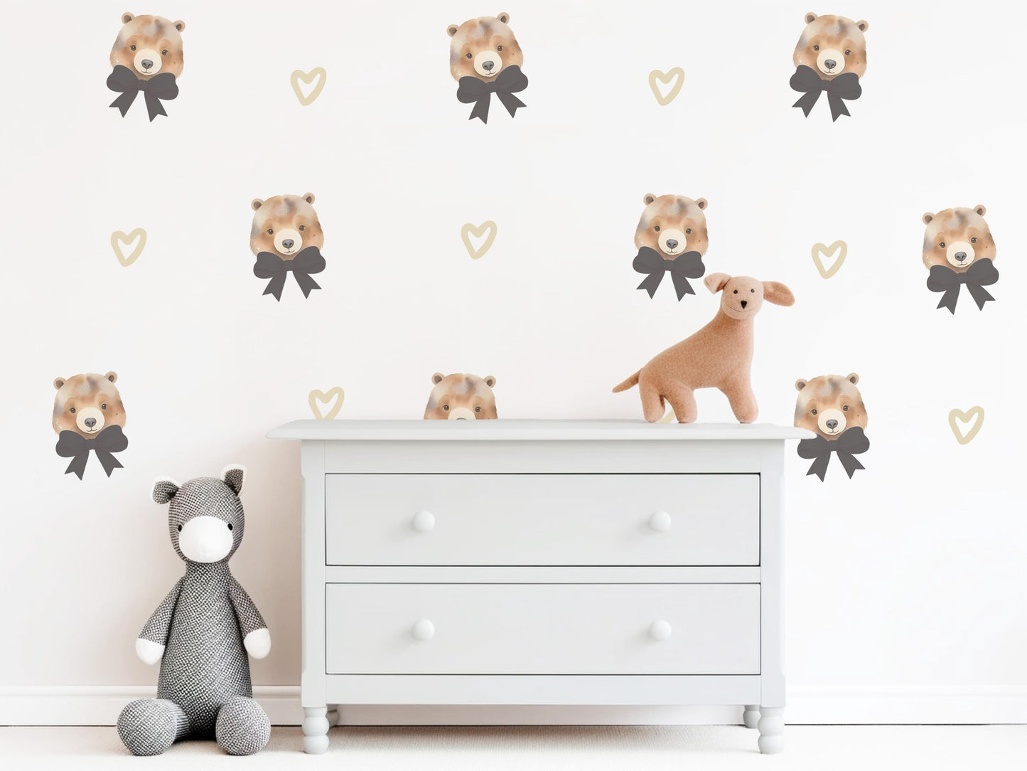 Bear Bow Wall Stickers, Teddy Bear Nursery Decor, Heart Wall Decals, Peel and Stick Neutral Baby Room Wall Art