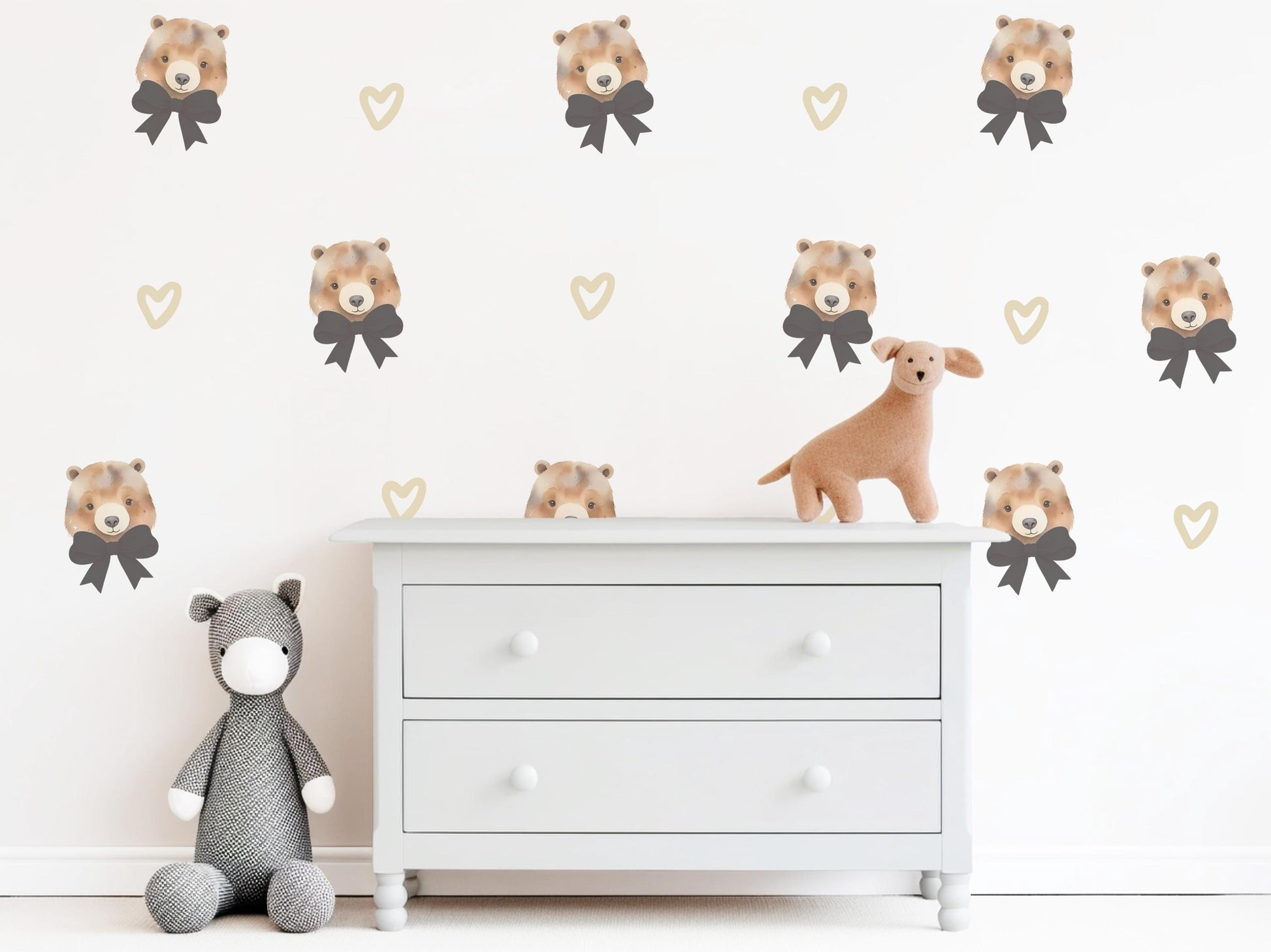 Bear Bow Wall Stickers, Teddy Bear Nursery Decor, Heart Wall Decals, Peel and Stick Neutral Baby Room Wall Art