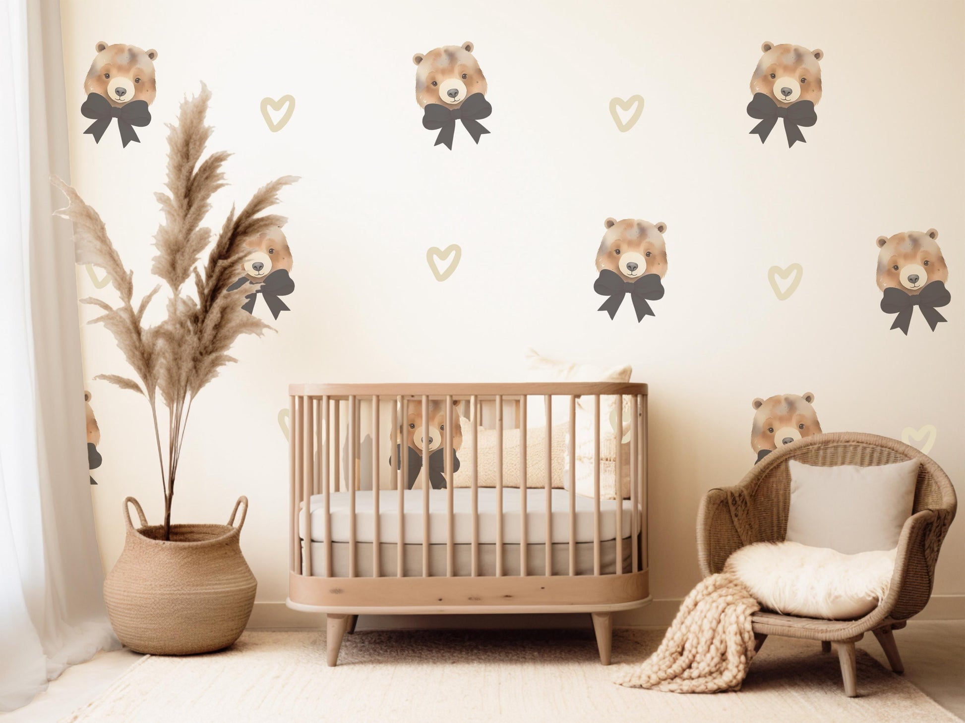 Bear Bow Wall Stickers, Teddy Bear Nursery Decor, Heart Wall Decals, Peel and Stick Neutral Baby Room Wall Art