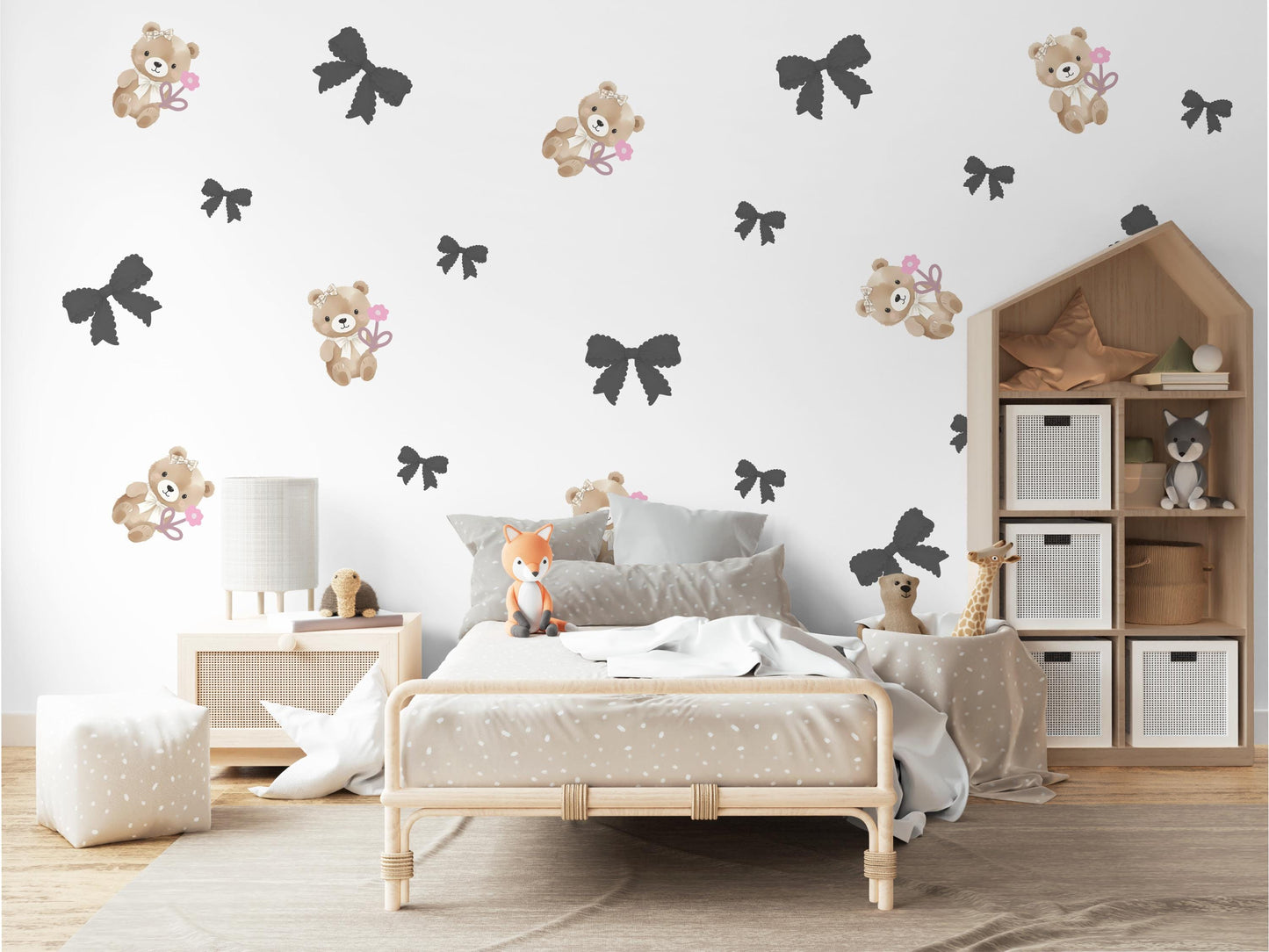 Bear Wall Stickers, Girl Nursery Decor, Bow and Flower Wall Decals, Peel and Stick Baby Girl Room Wall Art