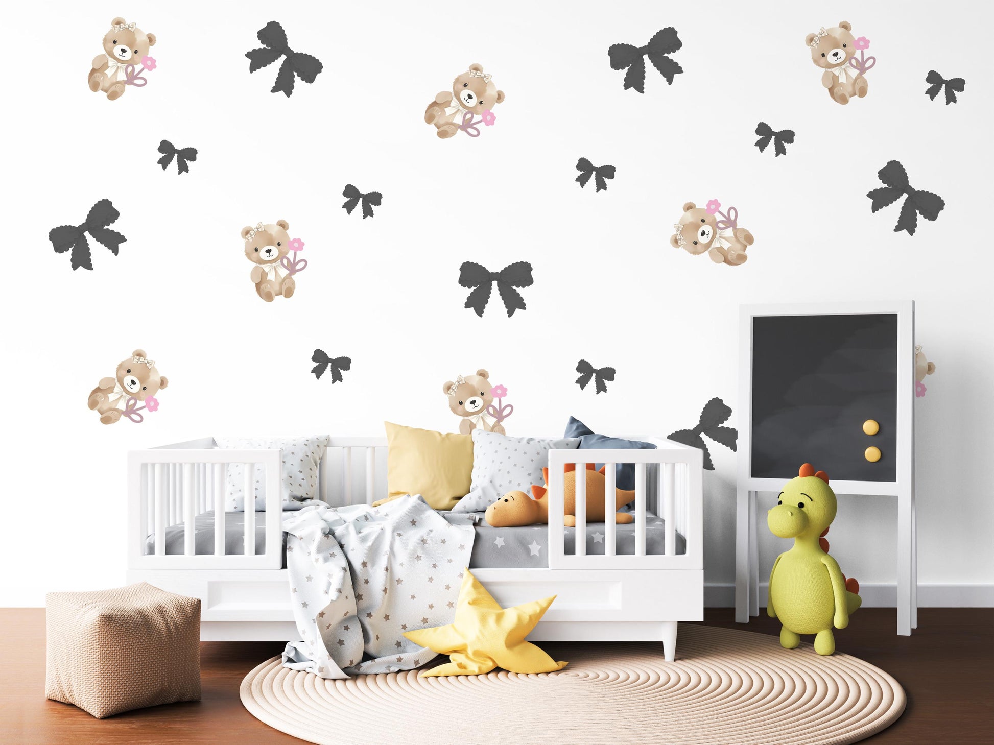 Bear Wall Stickers, Girl Nursery Decor, Bow and Flower Wall Decals, Peel and Stick Baby Girl Room Wall Art