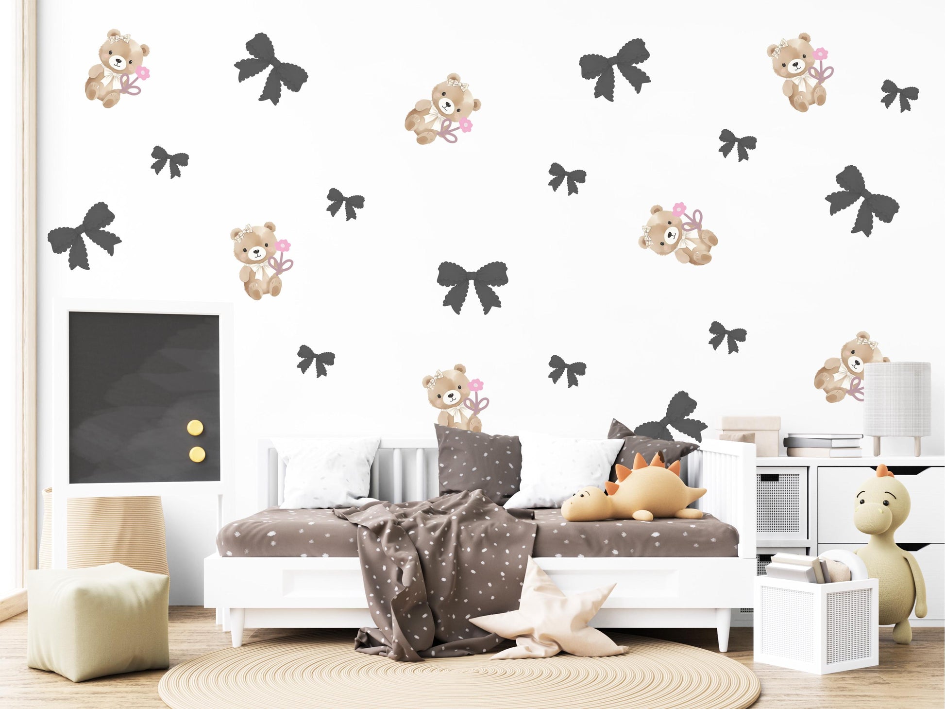 Bear Wall Stickers, Girl Nursery Decor, Bow and Flower Wall Decals, Peel and Stick Baby Girl Room Wall Art