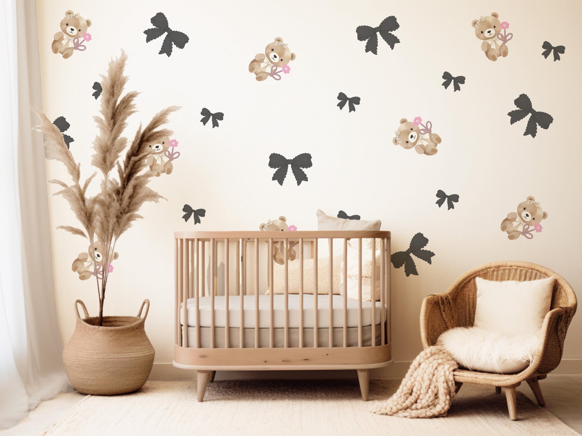 Bear Wall Stickers, Girl Nursery Decor, Bow and Flower Wall Decals, Peel and Stick Baby Girl Room Wall Art