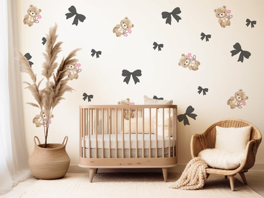 Bear Wall Stickers, Girl Nursery Decor, Bow and Flower Wall Decals, Peel and Stick Baby Girl Room Wall Art
