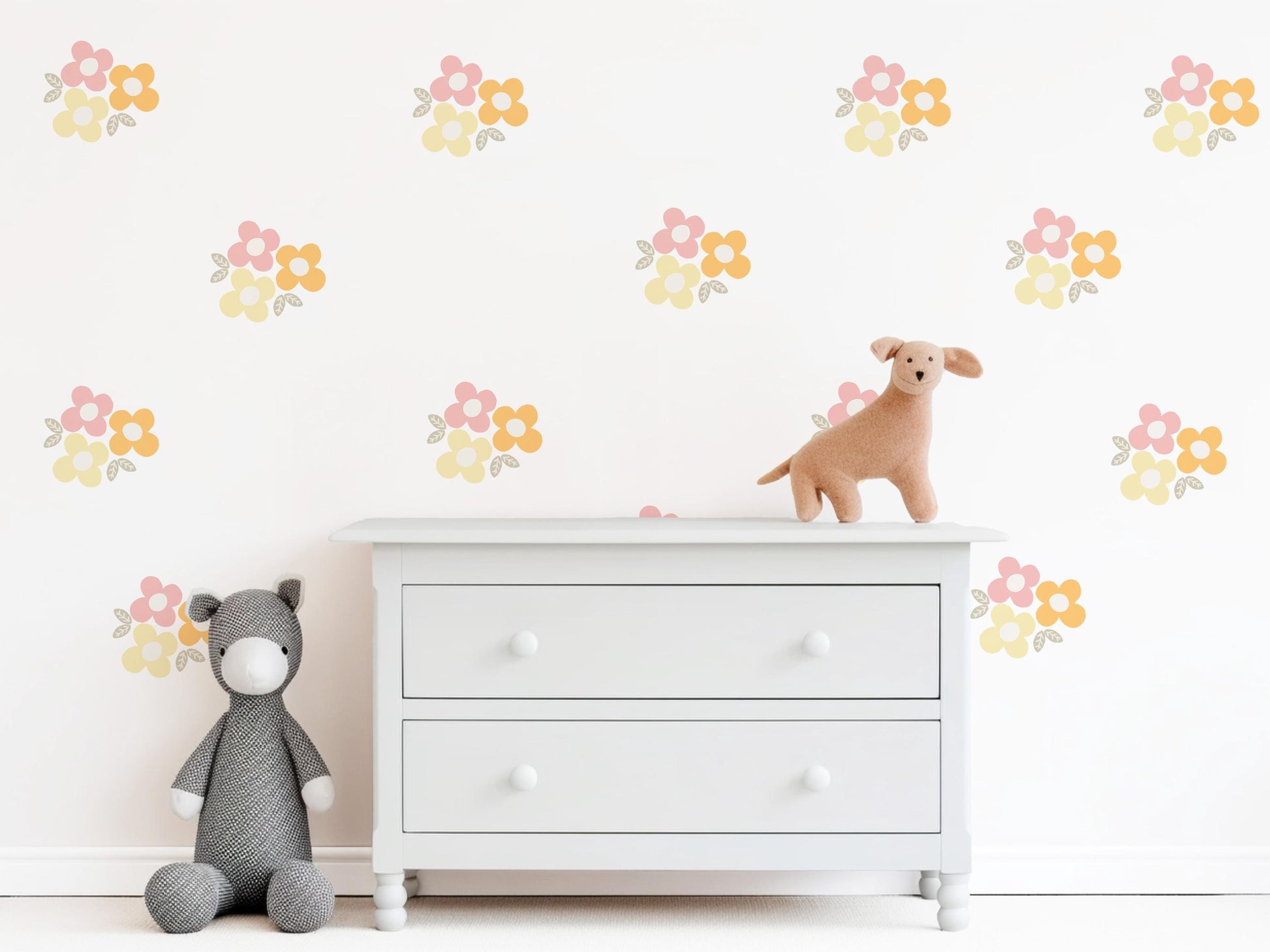 Retro Flower Wall Stickers, 70s Floral Nursery Decor, Pink Yellow Wall Decals, Peel and Stick Kids Room Wall Art