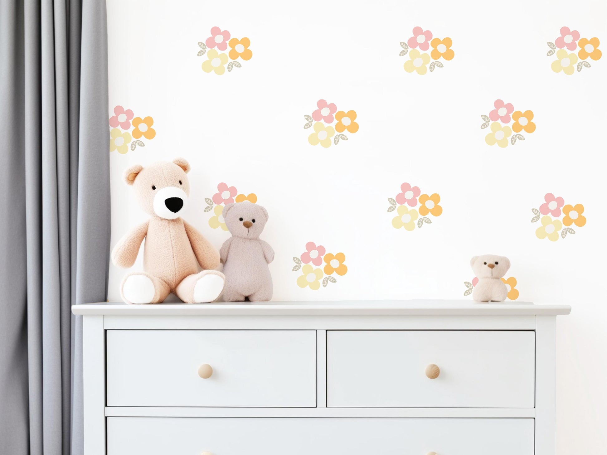 Retro Flower Wall Stickers, 70s Floral Nursery Decor, Pink Yellow Wall Decals, Peel and Stick Kids Room Wall Art