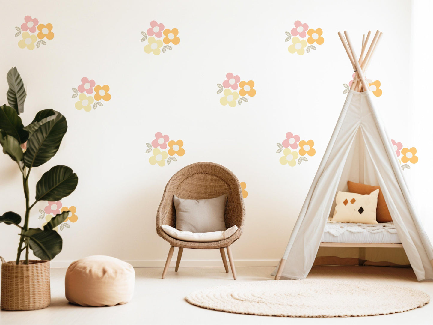 Retro Flower Wall Stickers, 70s Floral Nursery Decor, Pink Yellow Wall Decals, Peel and Stick Kids Room Wall Art