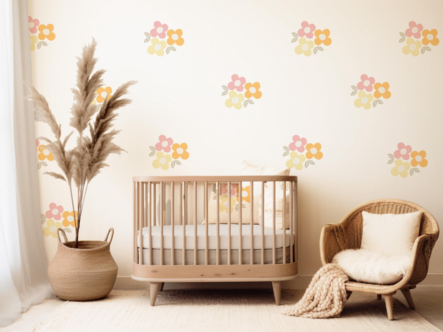 Retro Flower Wall Stickers, 70s Floral Nursery Decor, Pink Yellow Wall Decals, Peel and Stick Kids Room Wall Art