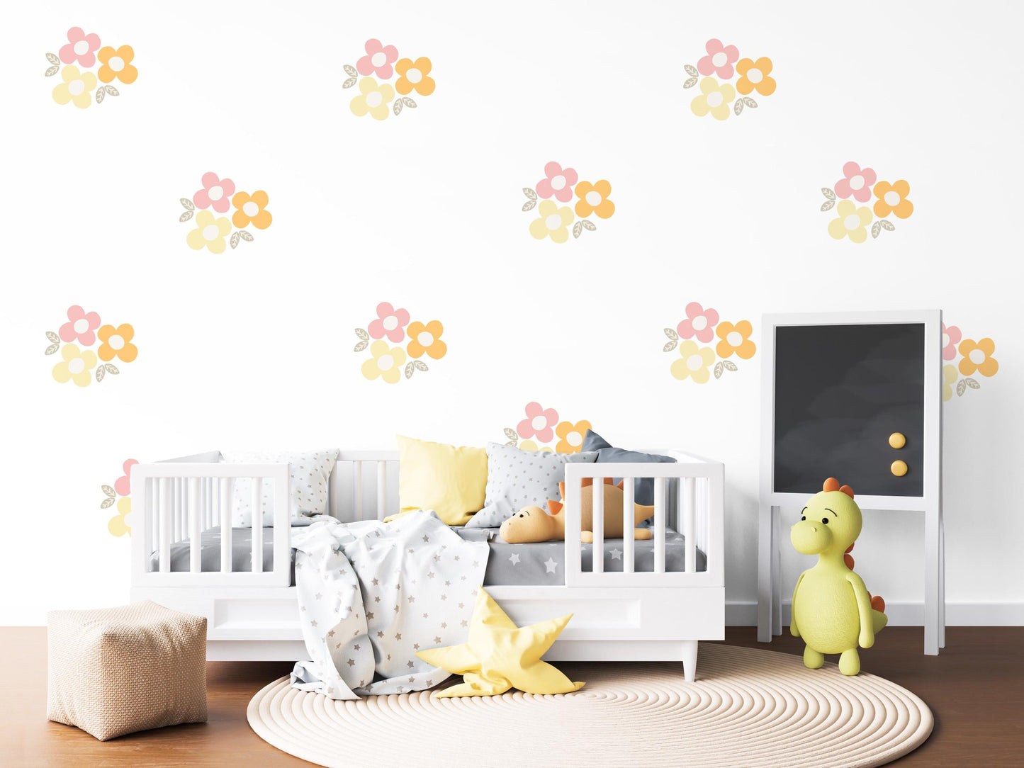 Retro Flower Wall Stickers, 70s Floral Nursery Decor, Pink Yellow Wall Decals, Peel and Stick Kids Room Wall Art
