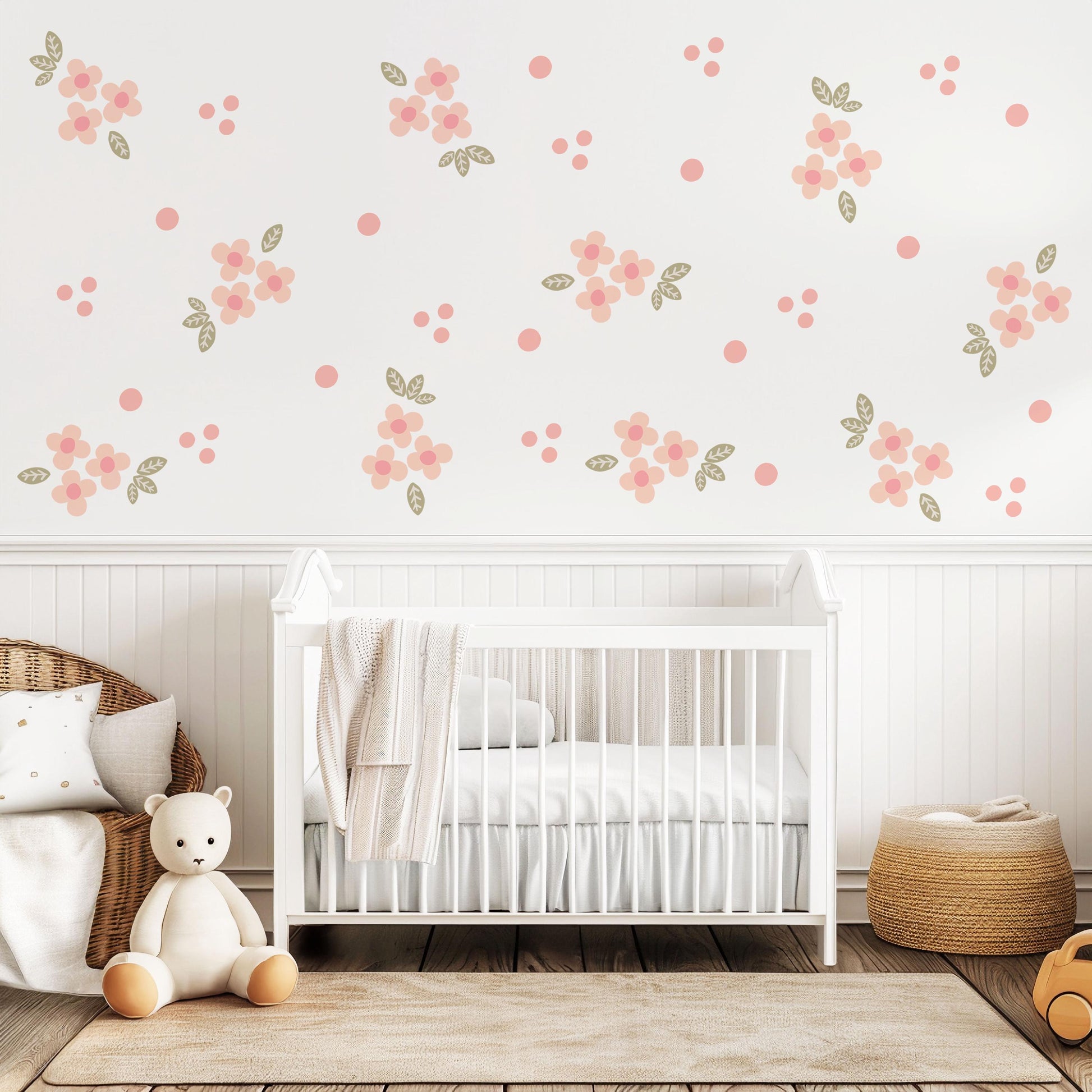 Blush Flower Wall Stickers, Coral Floral Nursery Decor, Polka Dot Wall Decals, Peel and Stick Girl Room Wall Art