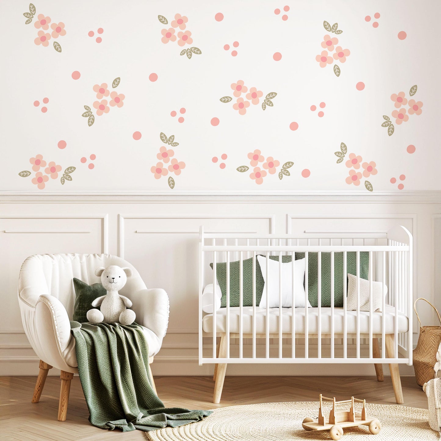Blush Flower Wall Stickers, Coral Floral Nursery Decor, Polka Dot Wall Decals, Peel and Stick Girl Room Wall Art