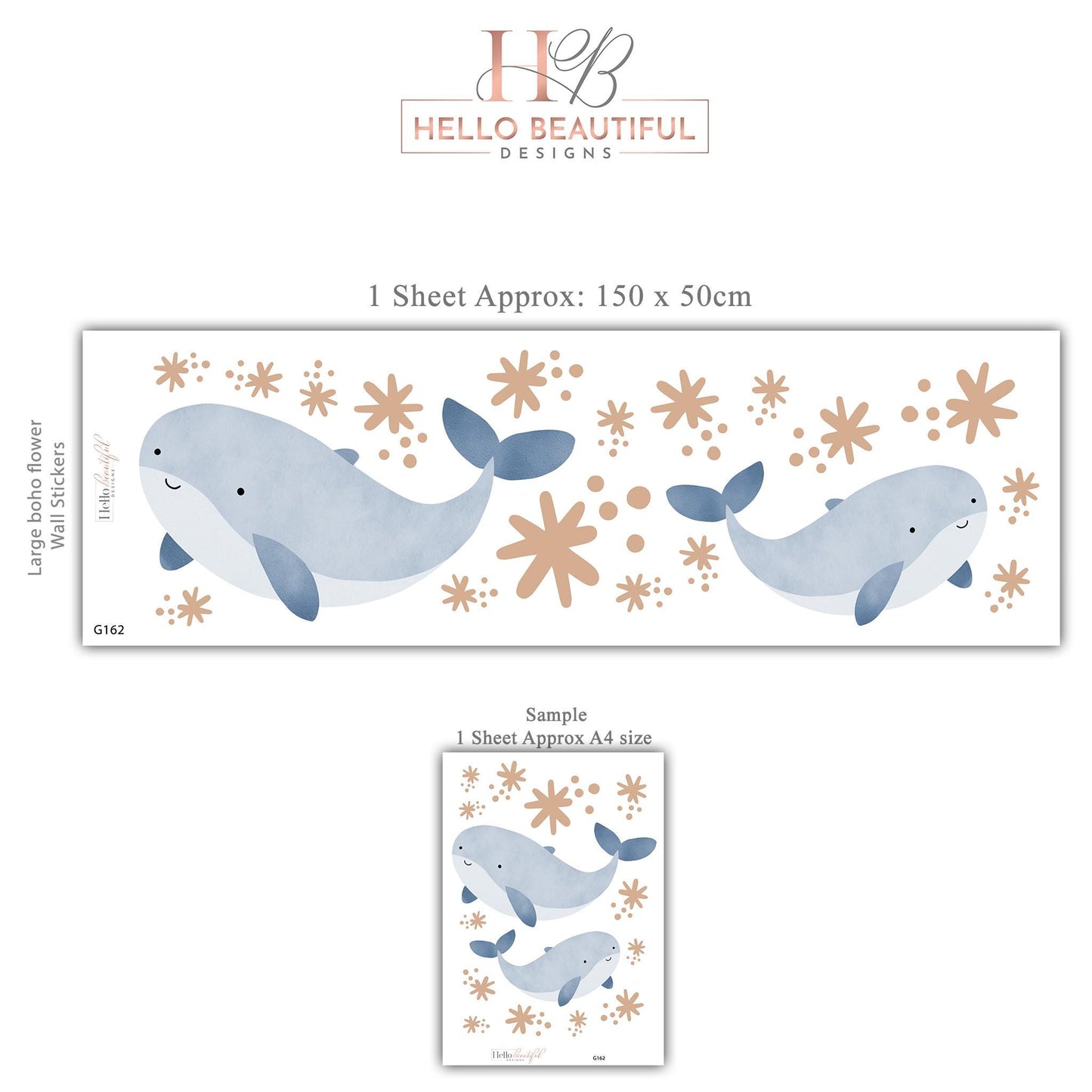 Boho Whale Wall Stickers, Mama and Baby Whale Decor, Ocean Nursery Wall Decals, Peel and Stick Nursery Wall Art