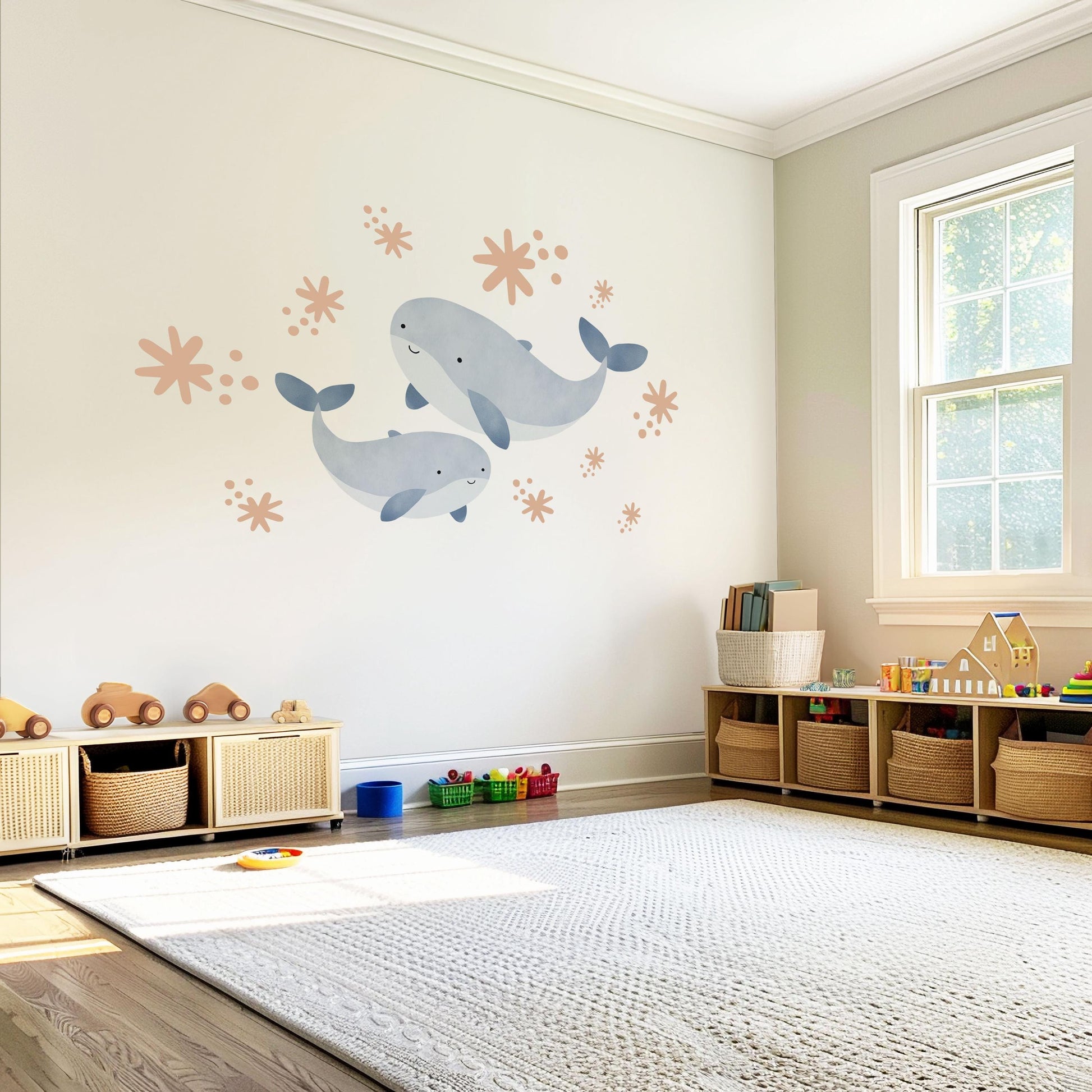 Boho Whale Wall Stickers, Mama and Baby Whale Decor, Ocean Nursery Wall Decals, Peel and Stick Nursery Wall Art