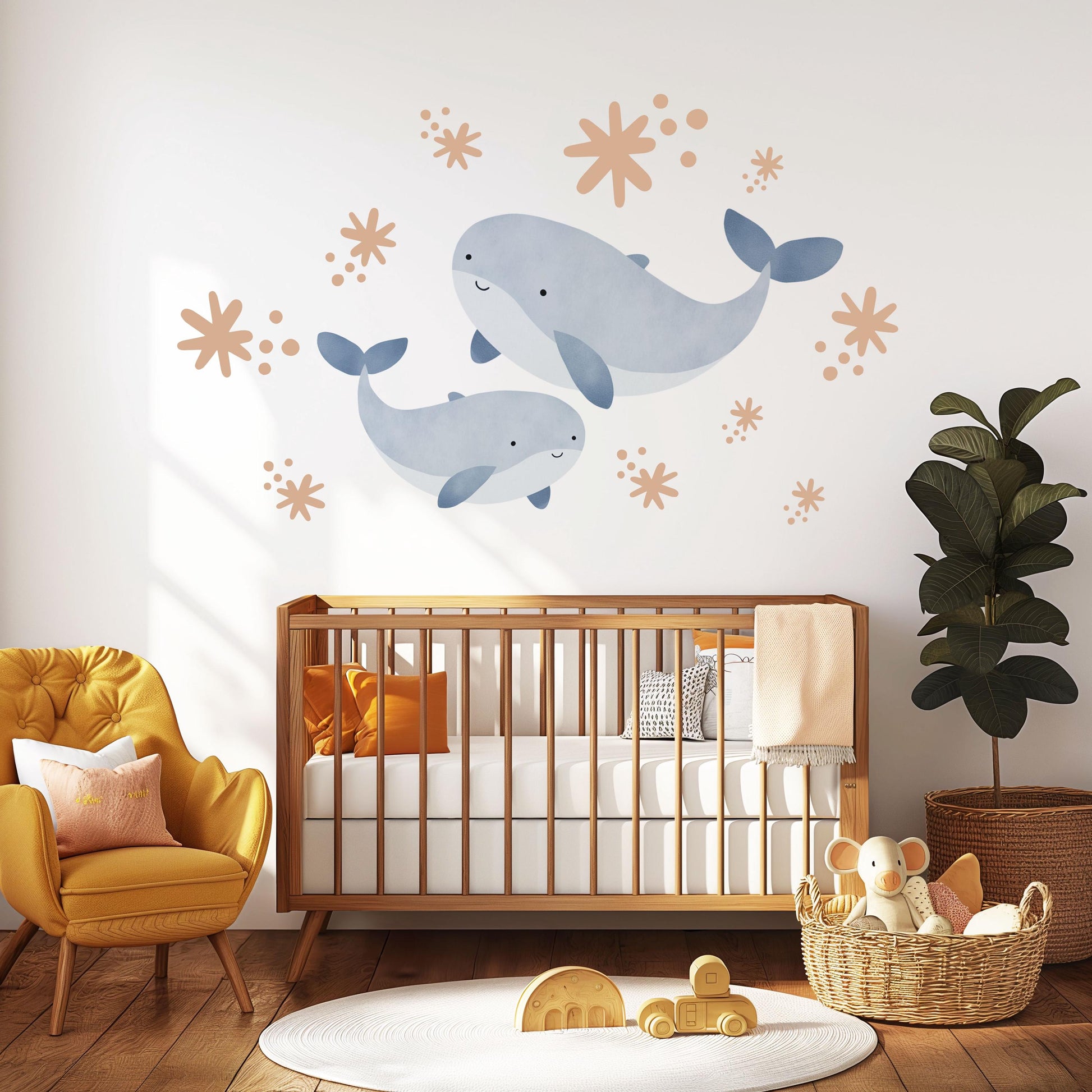 Boho Whale Wall Stickers, Mama and Baby Whale Decor, Ocean Nursery Wall Decals, Peel and Stick Nursery Wall Art