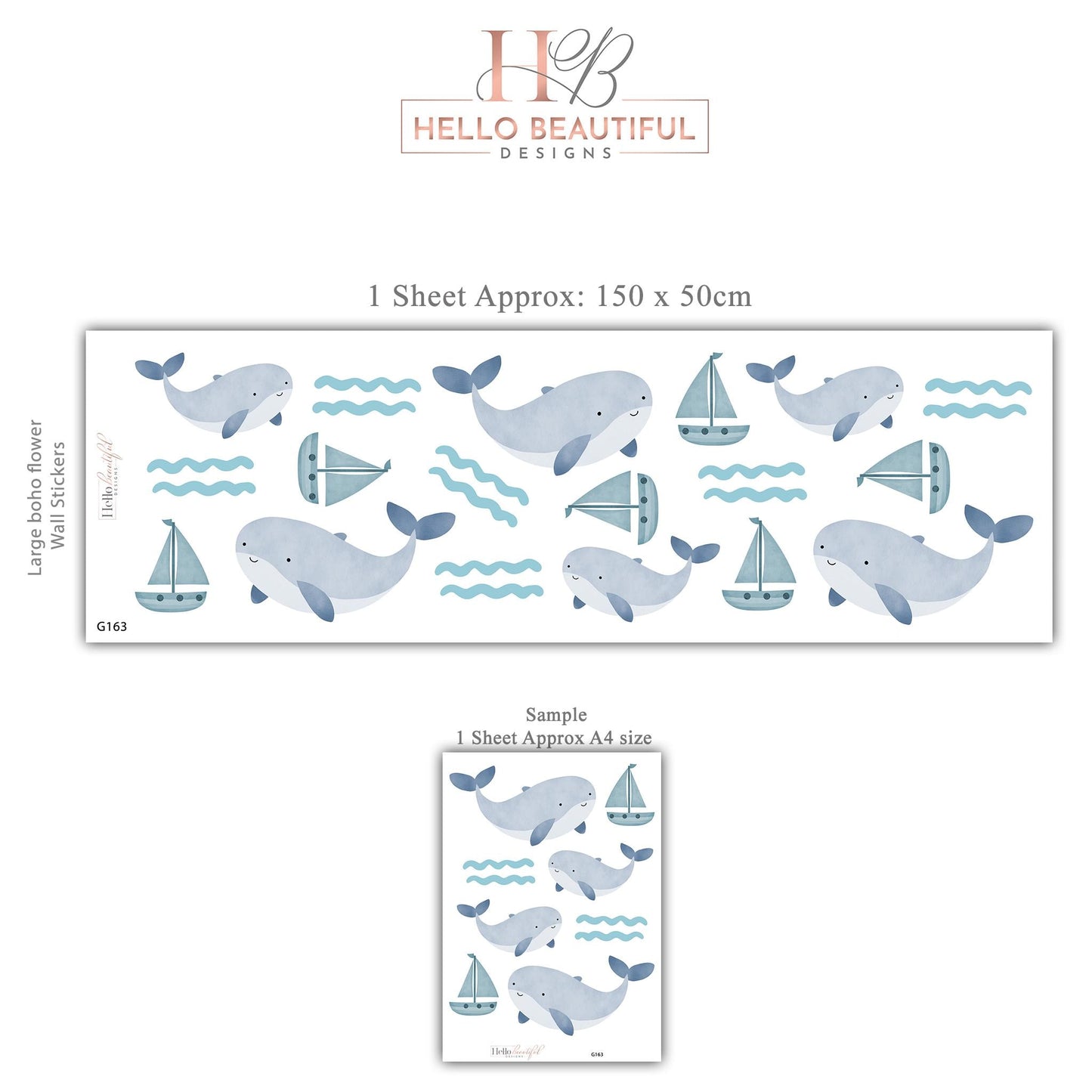 Sailboat Wall Stickers, Nautical Nursery Decor, Whale and Wave Wall Decals, Peel and Stick Boy Nursery Wall Art