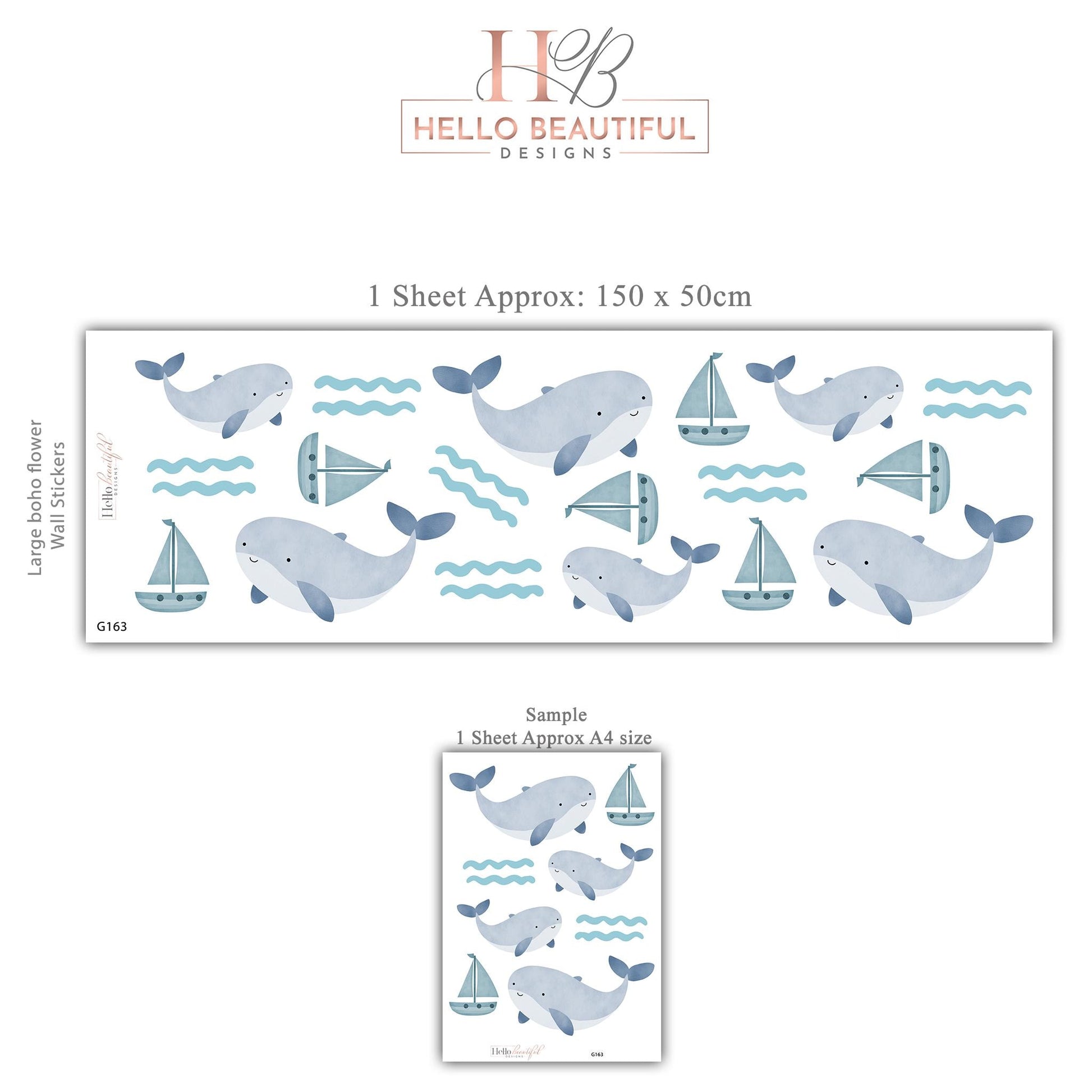 Sailboat Wall Stickers, Nautical Nursery Decor, Whale and Wave Wall Decals, Peel and Stick Boy Nursery Wall Art