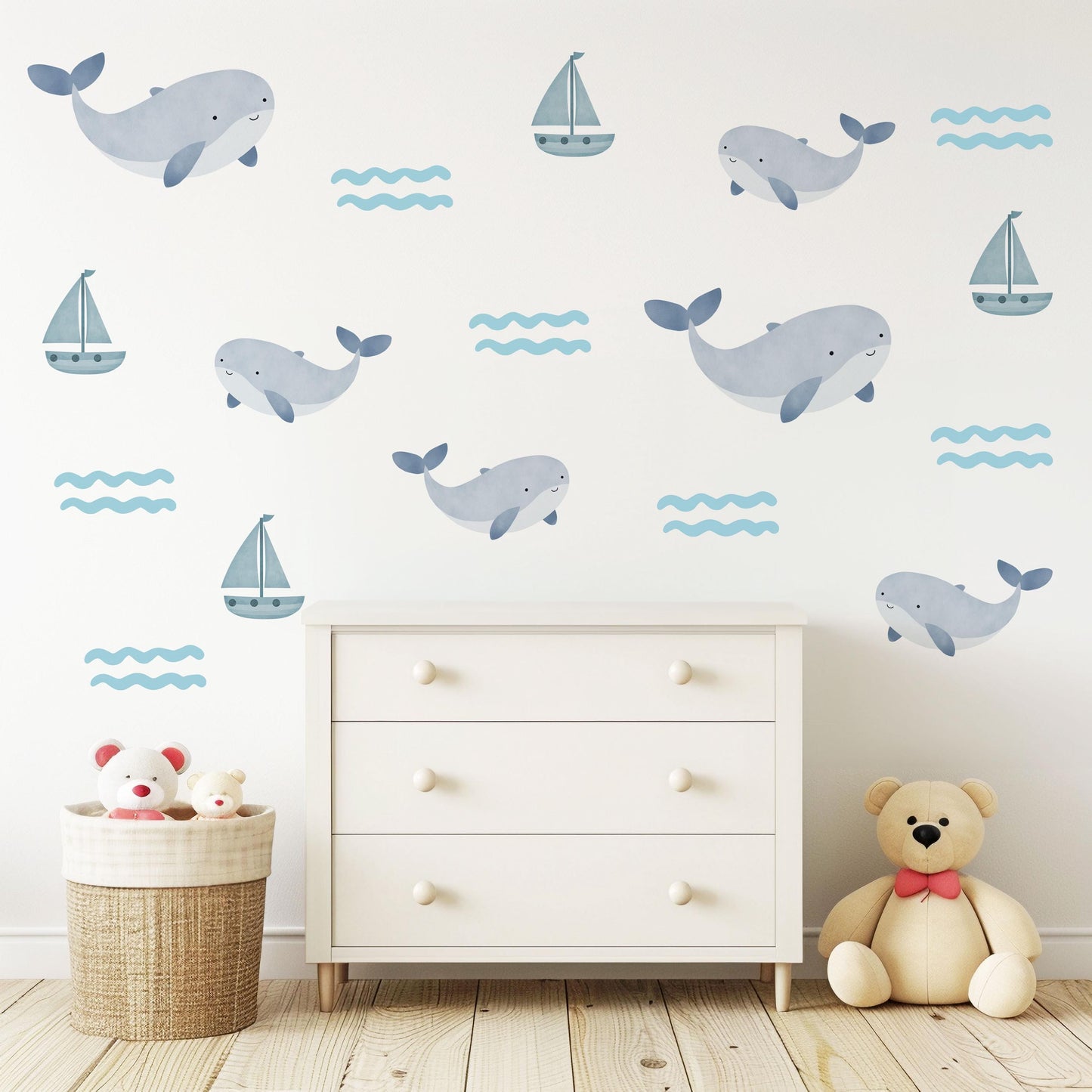 Sailboat Wall Stickers, Nautical Nursery Decor, Whale and Wave Wall Decals, Peel and Stick Boy Nursery Wall Art