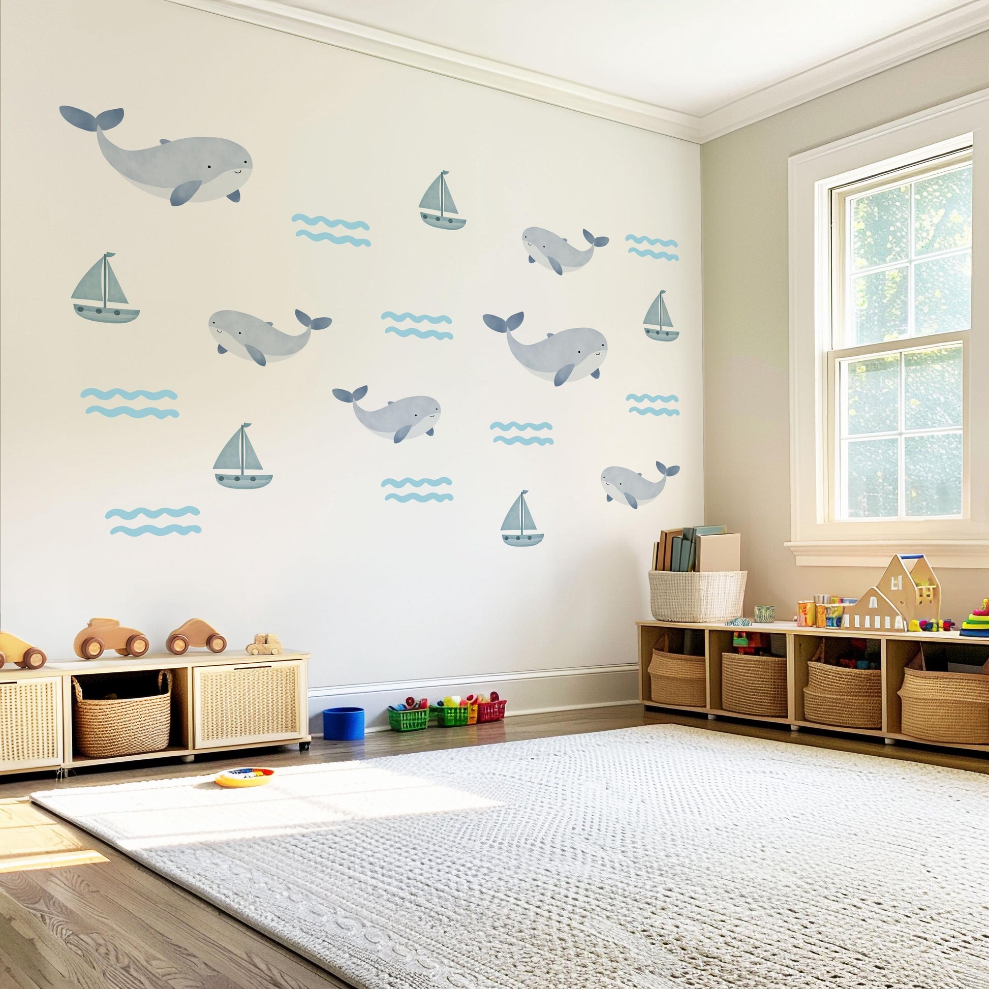Sailboat Wall Stickers, Nautical Nursery Decor, Whale and Wave Wall Decals, Peel and Stick Boy Nursery Wall Art