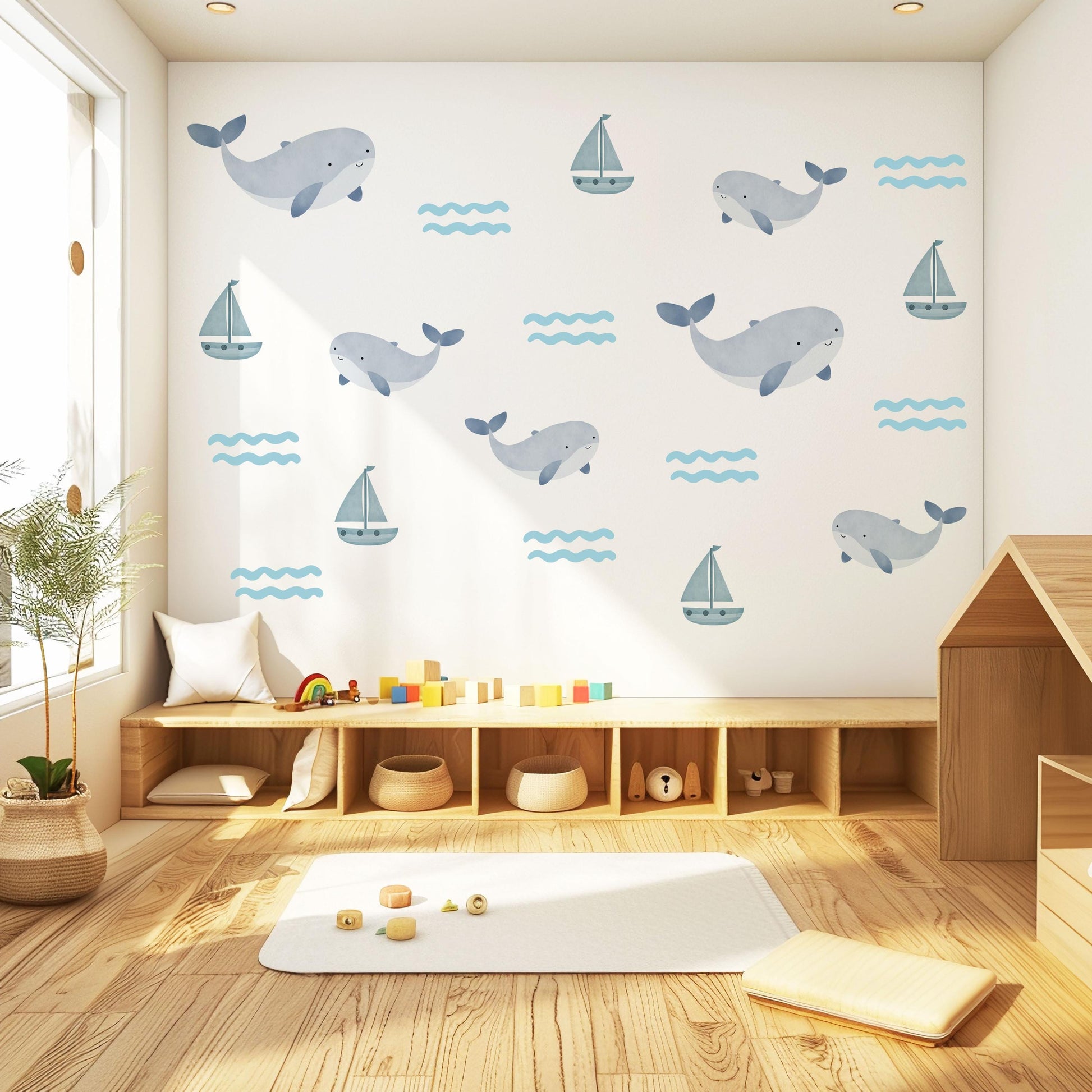 Sailboat Wall Stickers, Nautical Nursery Decor, Whale and Wave Wall Decals, Peel and Stick Boy Nursery Wall Art