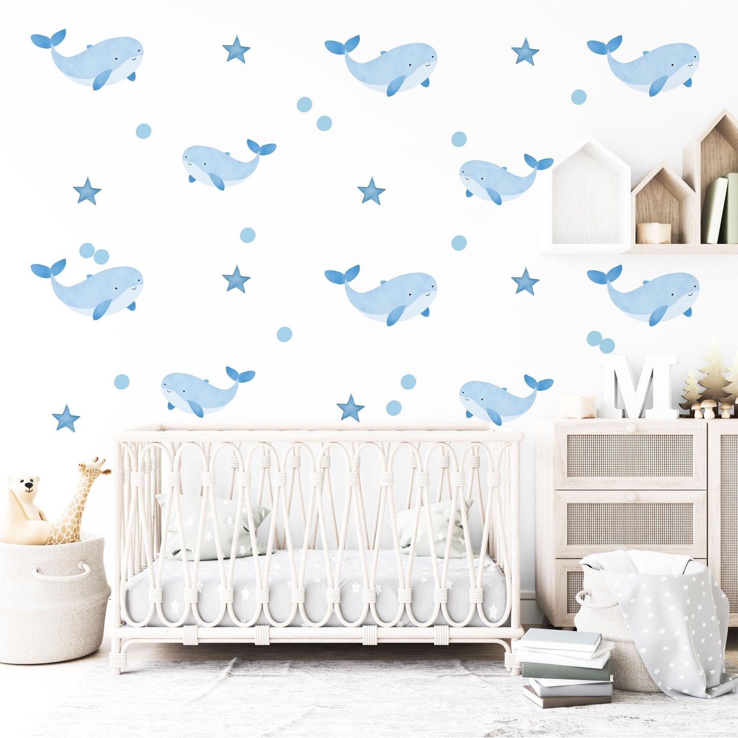 Starry Whale Wall Stickers, Blue Night Sky Nursery Decor, Star Wall Decals, Peel and Stick Boy Nursery Wall Art