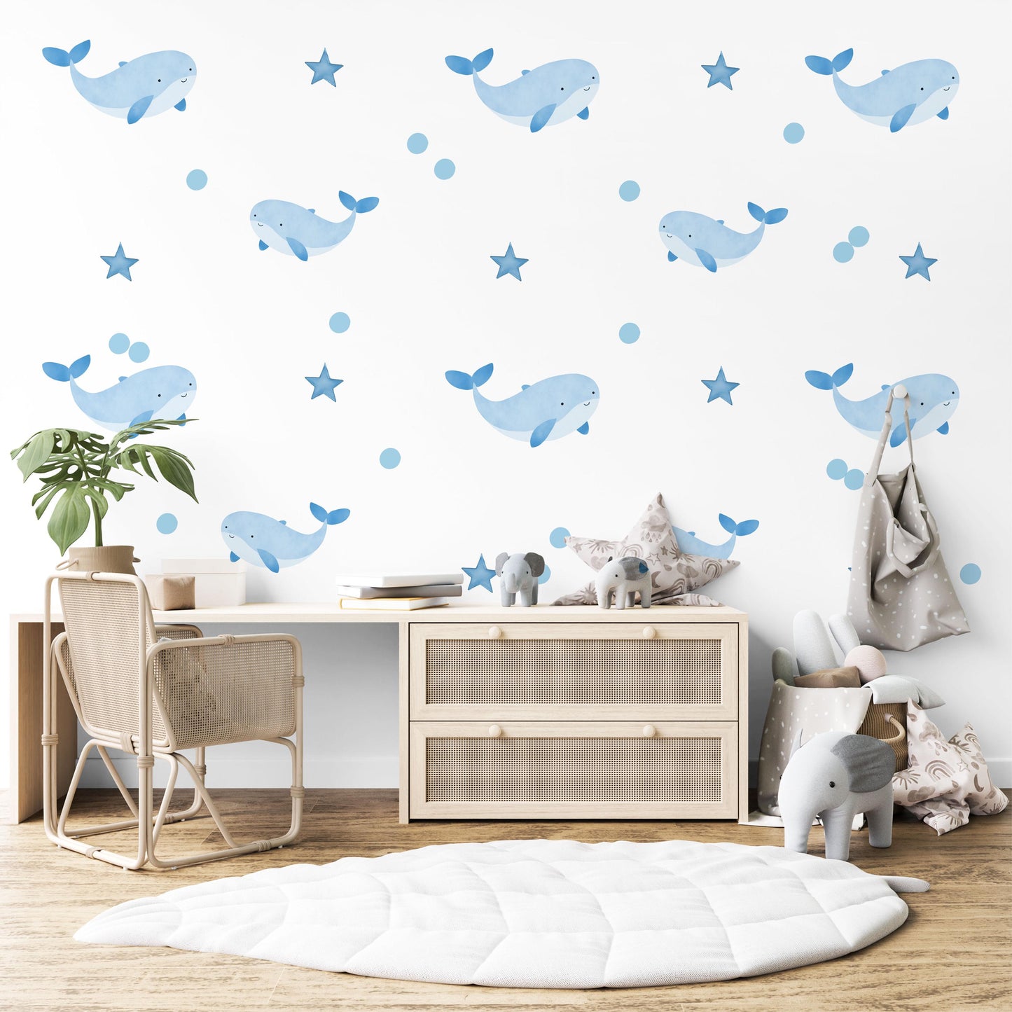 Starry Whale Wall Stickers, Blue Night Sky Nursery Decor, Star Wall Decals, Peel and Stick Boy Nursery Wall Art