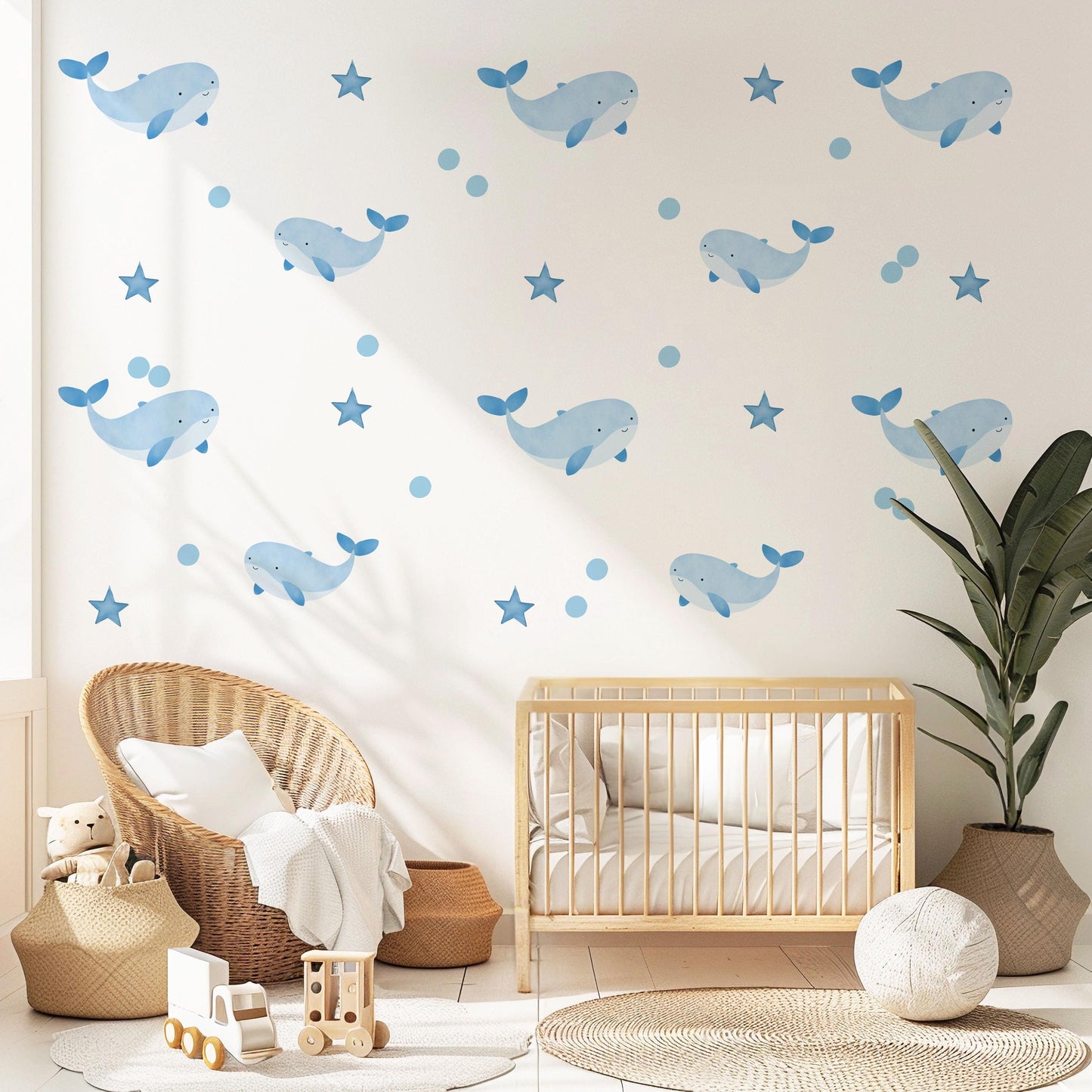 Starry Whale Wall Stickers, Blue Night Sky Nursery Decor, Star Wall Decals, Peel and Stick Boy Nursery Wall Art