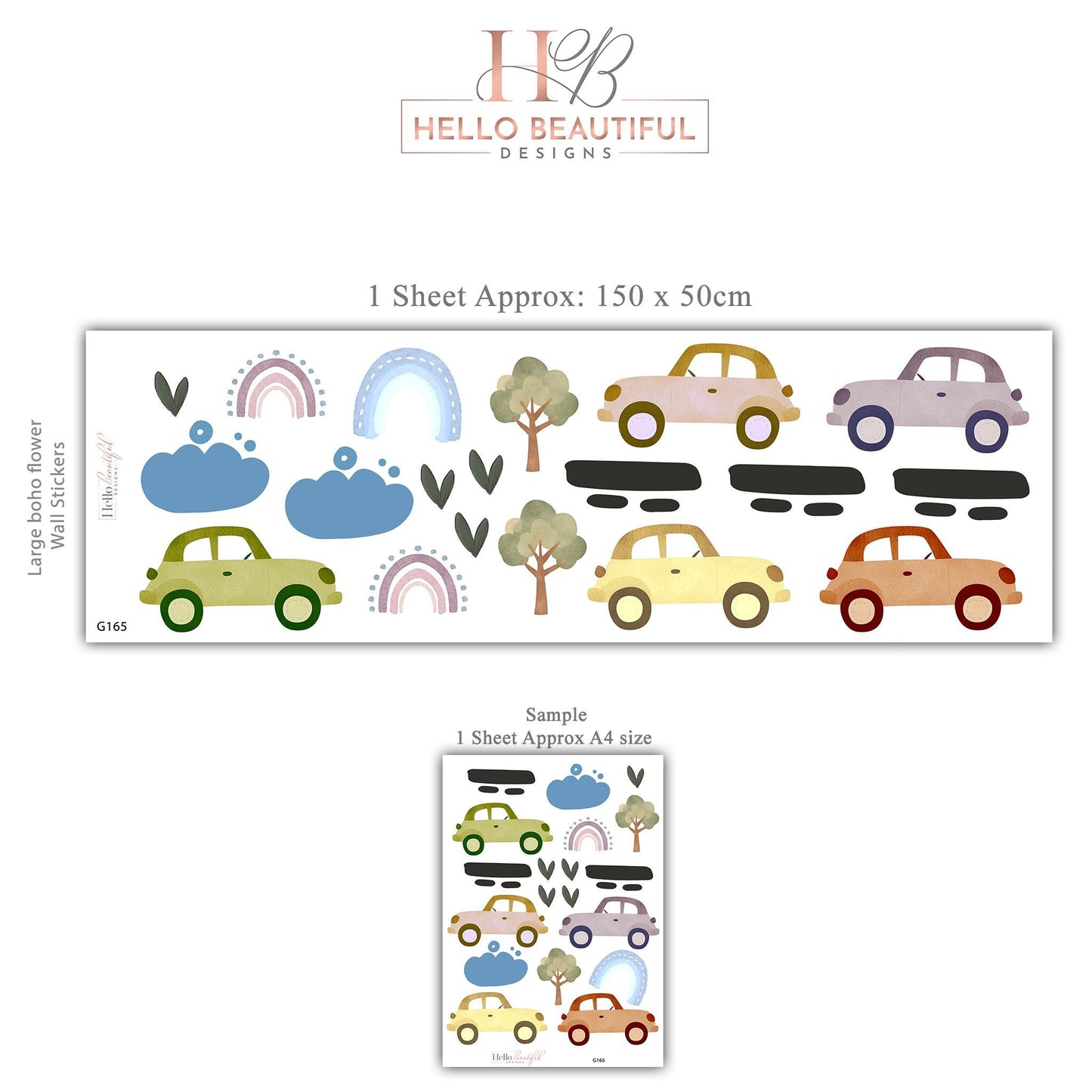 Vintage Car Wall Stickers, Retro Car Nursery Decor, Rainbow and Tree Wall Decals, Peel and Stick Boy Nursery Wall Art