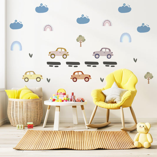 Vintage Car Wall Stickers, Retro Car Nursery Decor, Rainbow and Tree Wall Decals, Peel and Stick Boy Nursery Wall Art