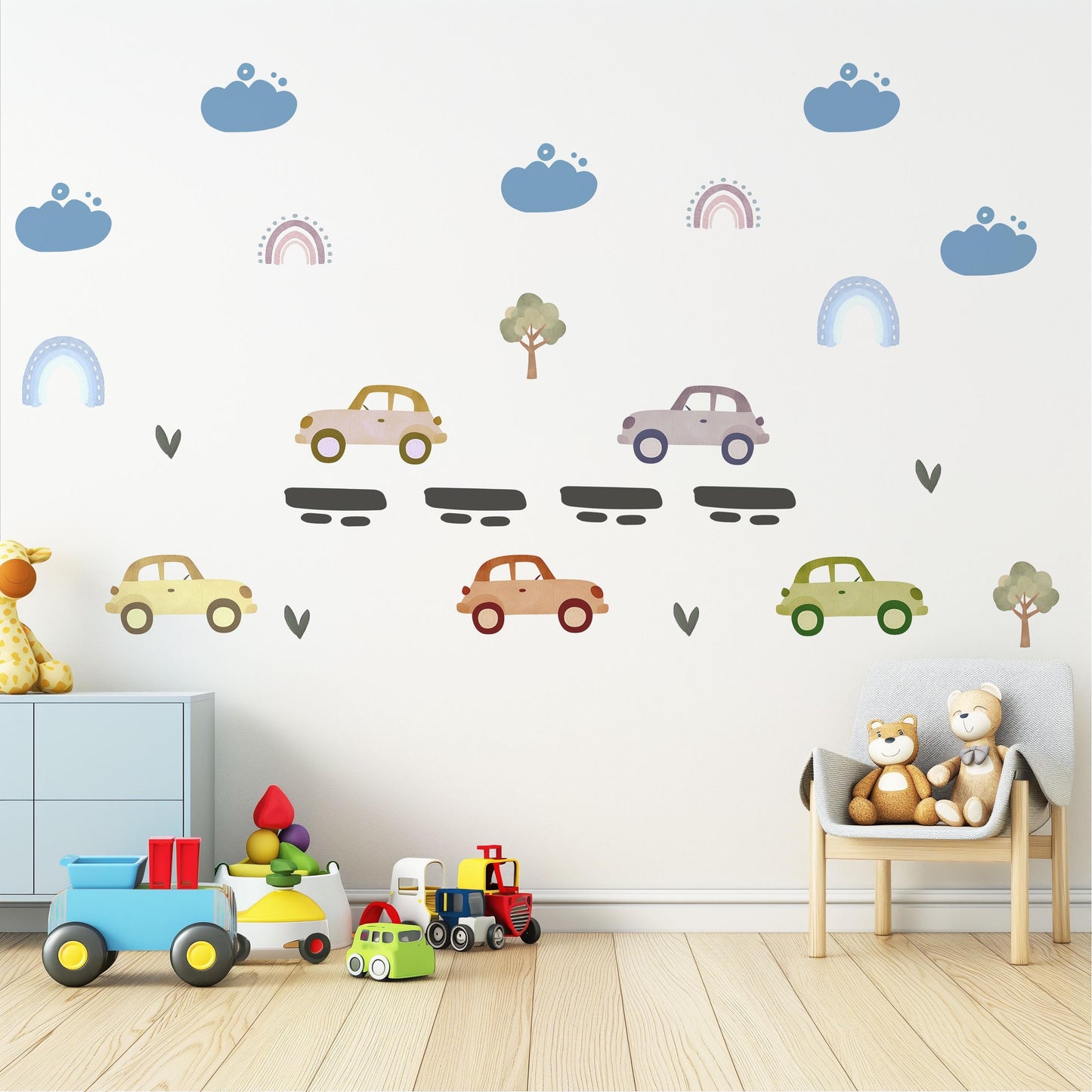 Vintage Car Wall Stickers, Retro Car Nursery Decor, Rainbow and Tree Wall Decals, Peel and Stick Boy Nursery Wall Art