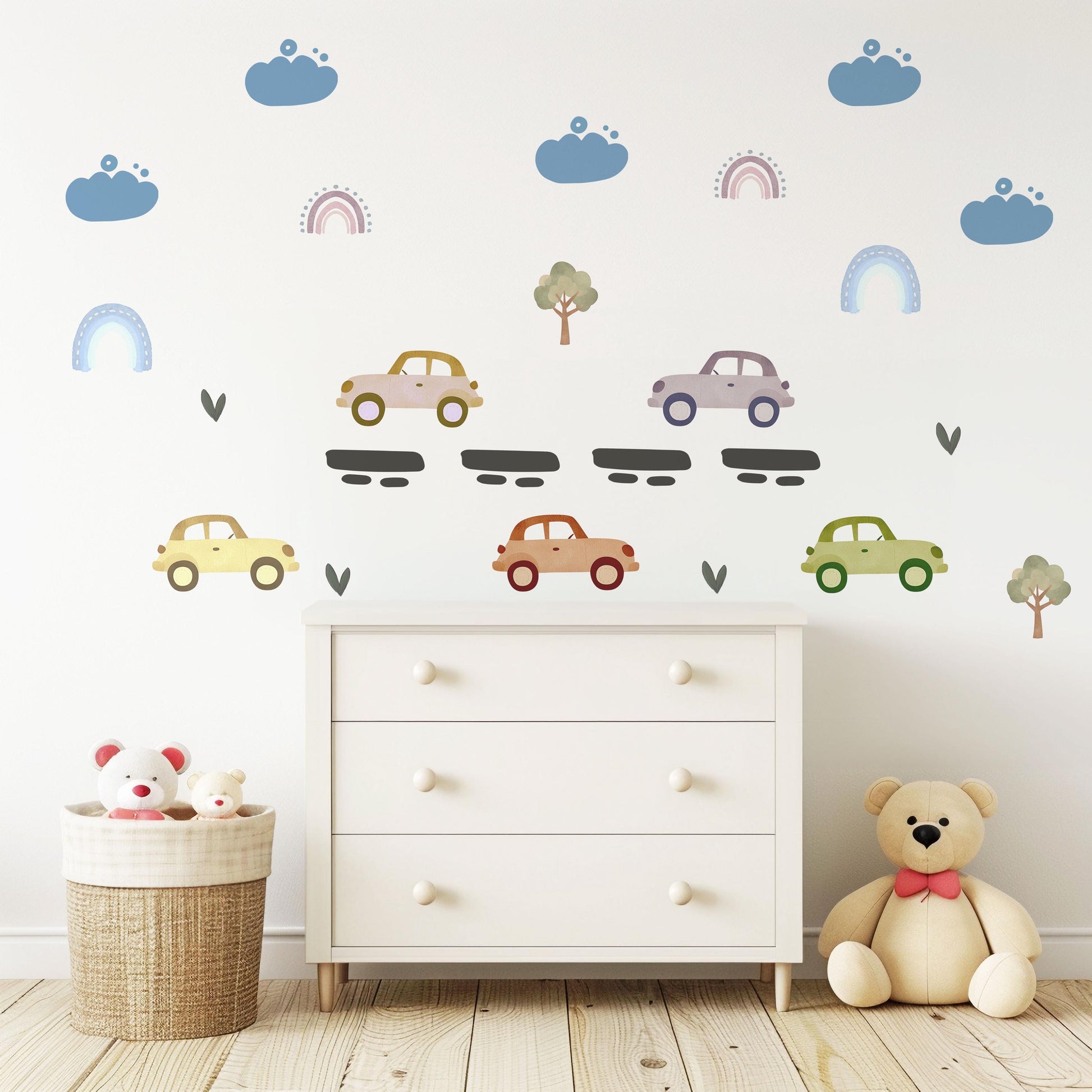 Vintage Car Wall Stickers, Retro Car Nursery Decor, Rainbow and Tree Wall Decals, Peel and Stick Boy Nursery Wall Art