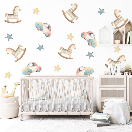 Rocking Horse Wall Stickers, Wooden Toy Nursery Decor, Star Wall Decals, Peel and Stick Nursery Wall Art