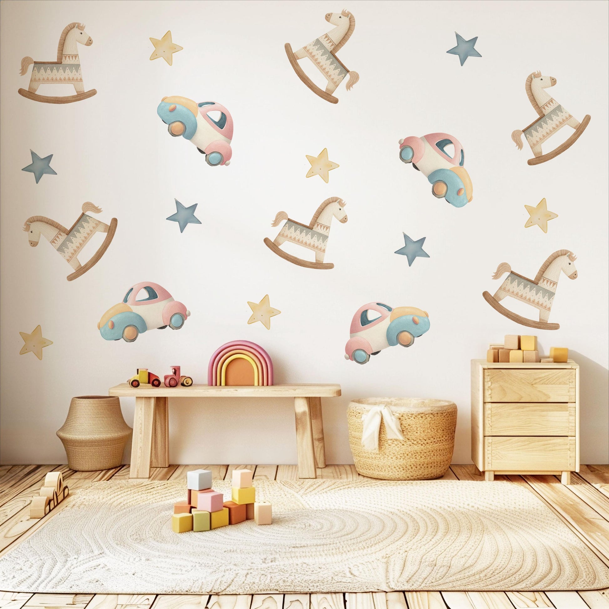 Rocking Horse Wall Stickers, Wooden Toy Nursery Decor, Star Wall Decals, Peel and Stick Nursery Wall Art