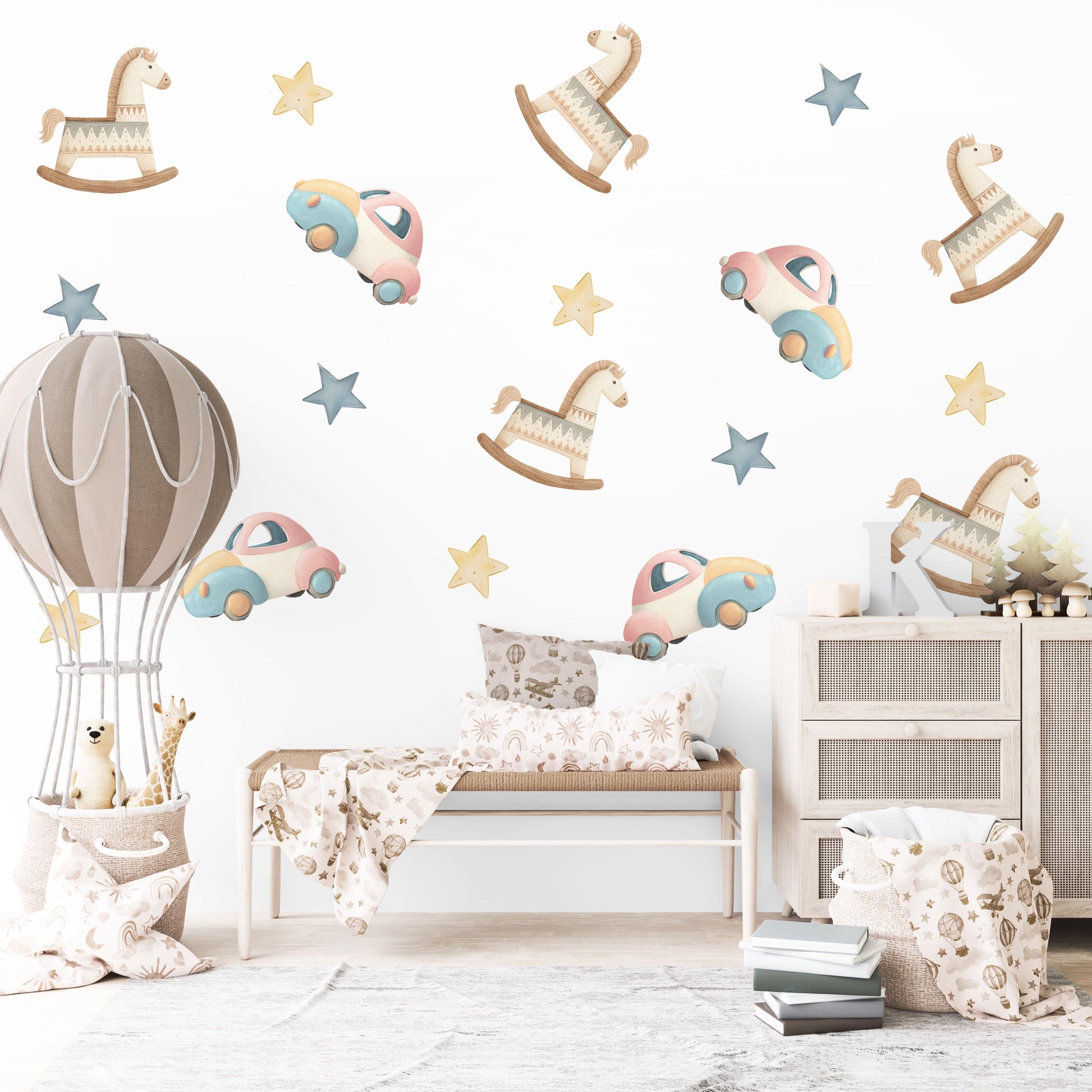Rocking Horse Wall Stickers, Wooden Toy Nursery Decor, Star Wall Decals, Peel and Stick Nursery Wall Art